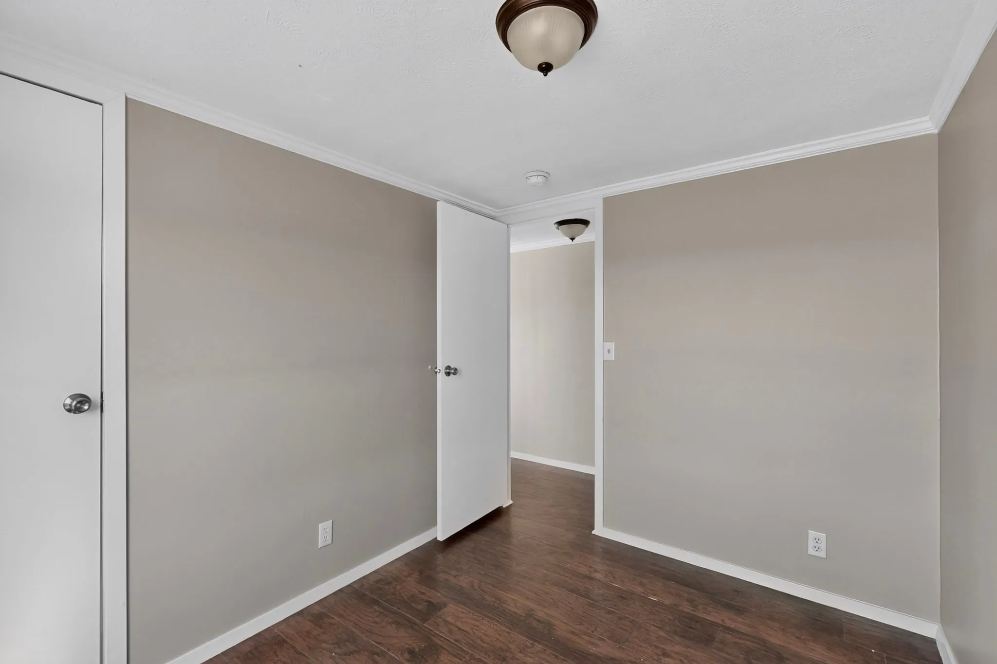 Spacious bedroom featuring neutral taupe walls, white trim, and dark wood-finish flooring