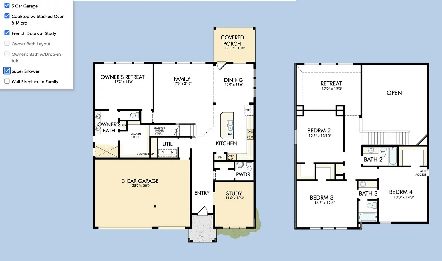 David Weekley Baltimore Floor Plan shown with selected upgrades