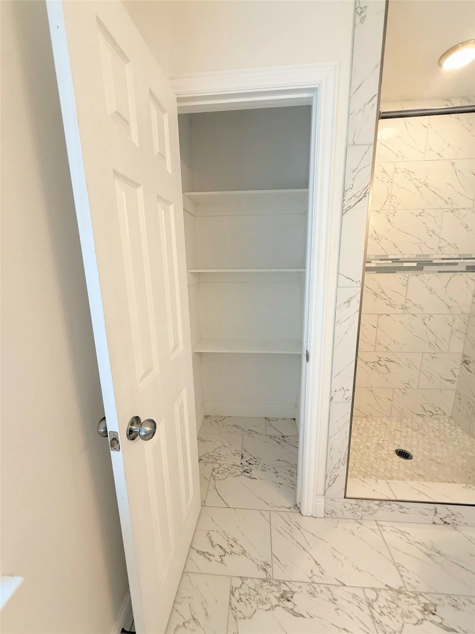 White paneled door opening to a built-in closet with shelving