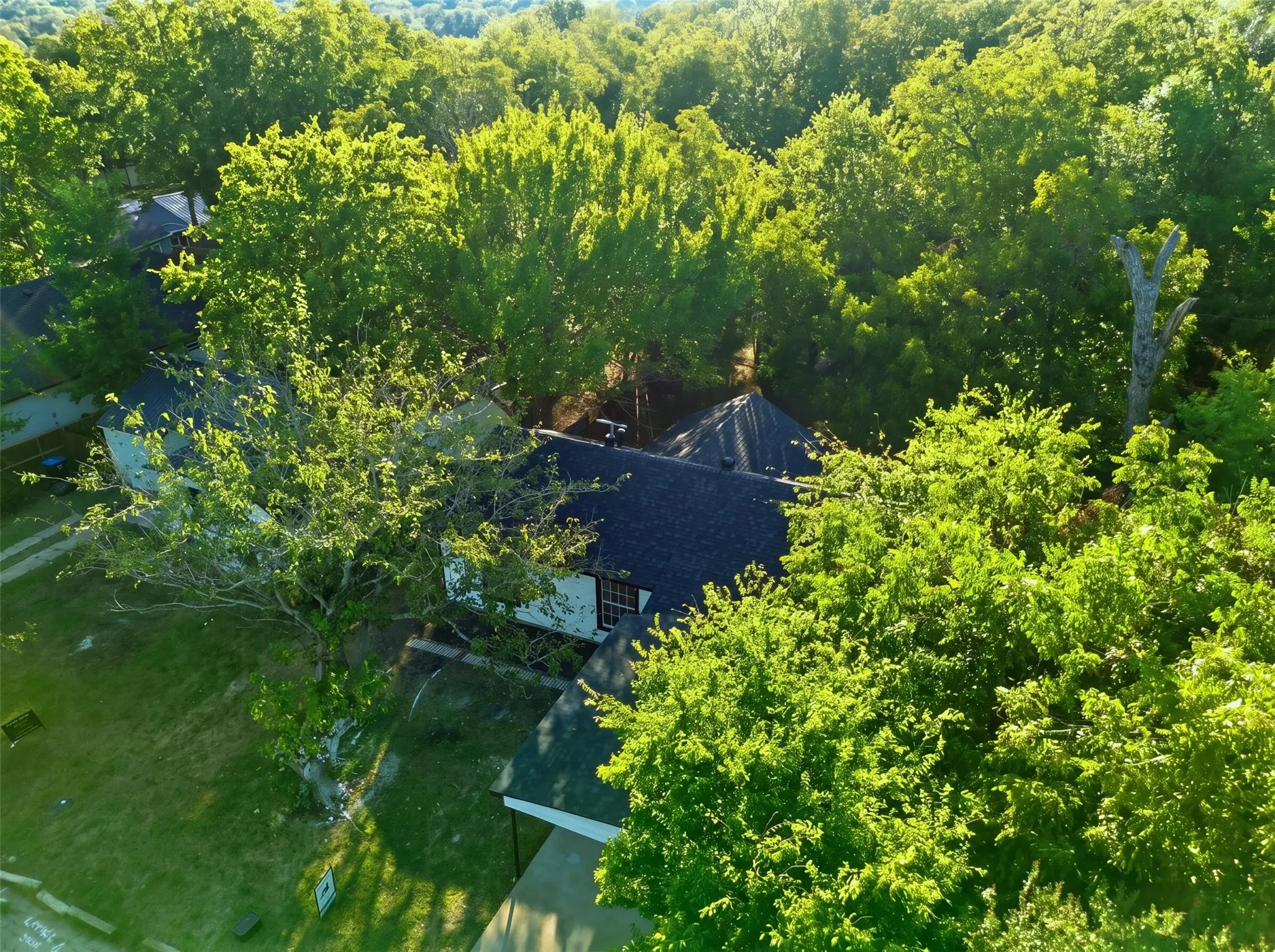 Aerial view showcasing a dark-roofed residence nestled within mature, lush landscaping