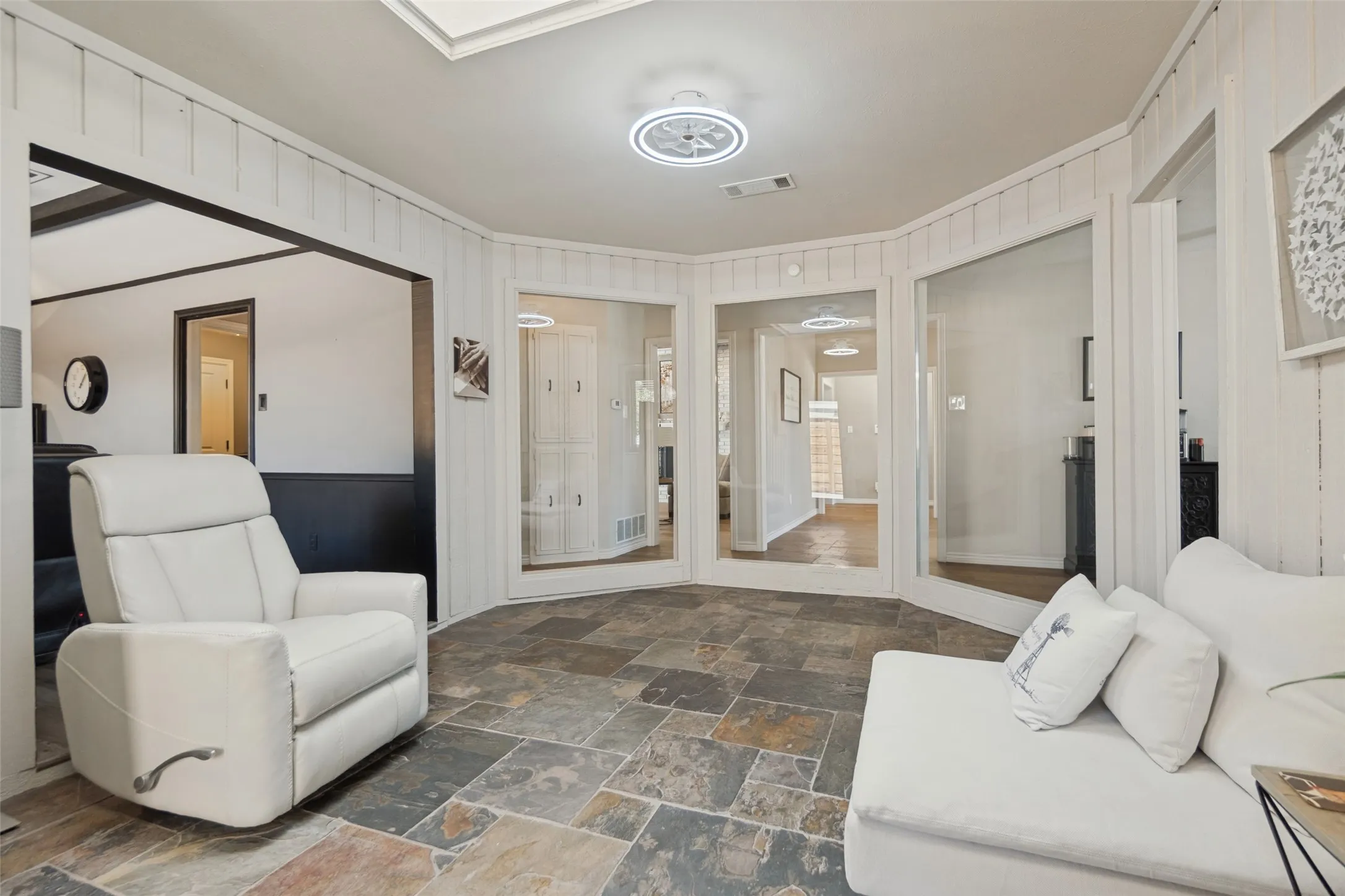 Natural stone tile flooring with a neutral color palette