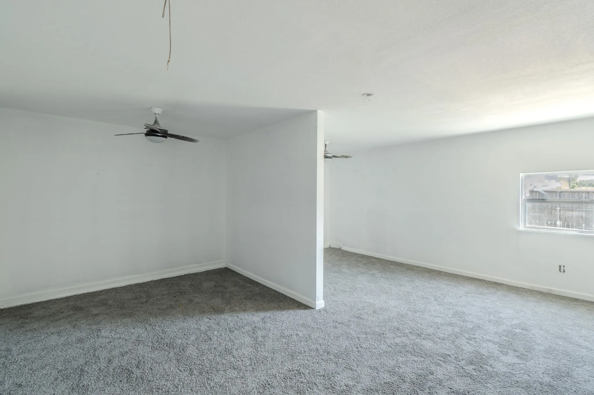 Grey carpet flooring, white painted walls, and ceiling-mounted fans