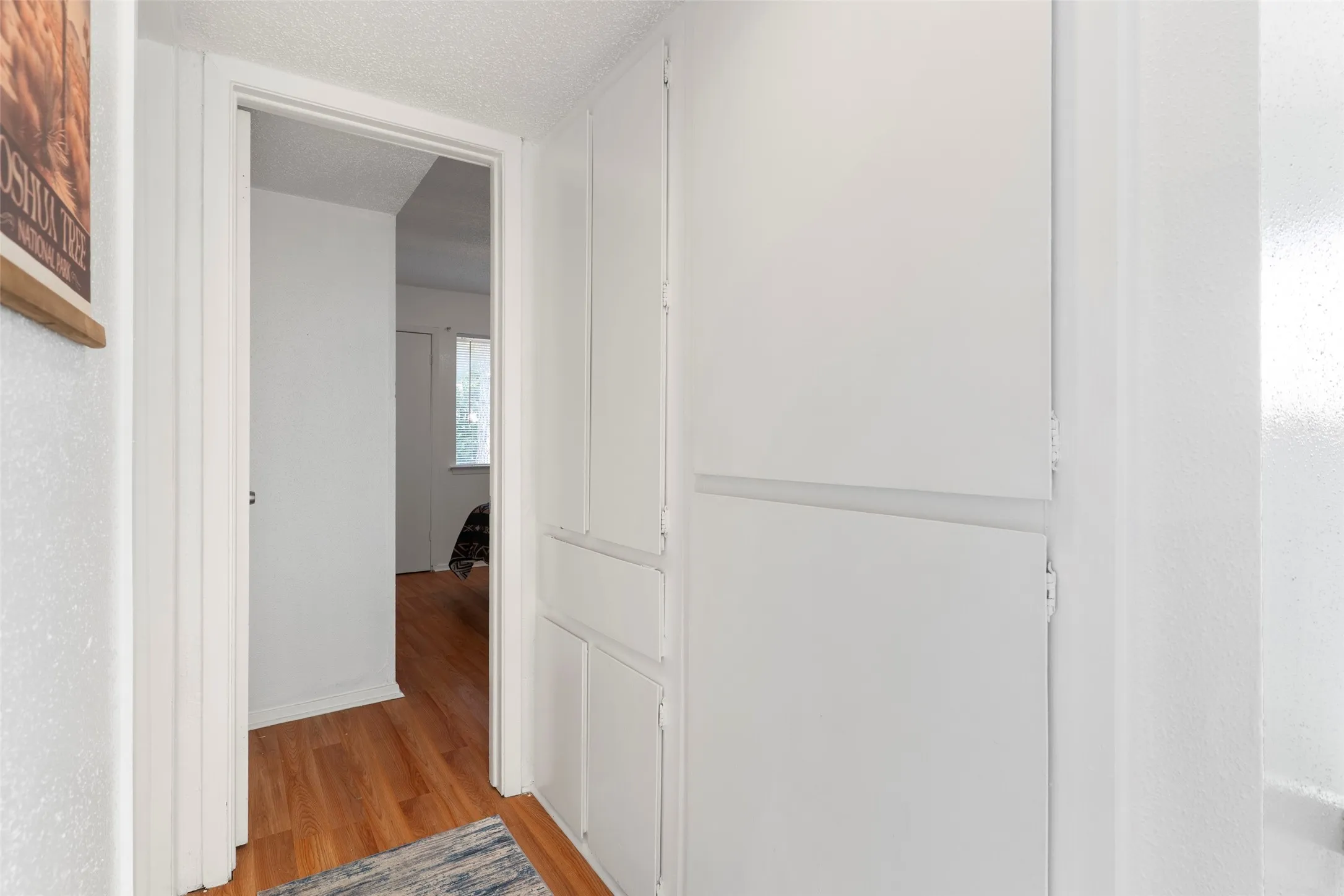 Integrated white cabinetry with paneled doors, hardwood flooring, and white painted walls