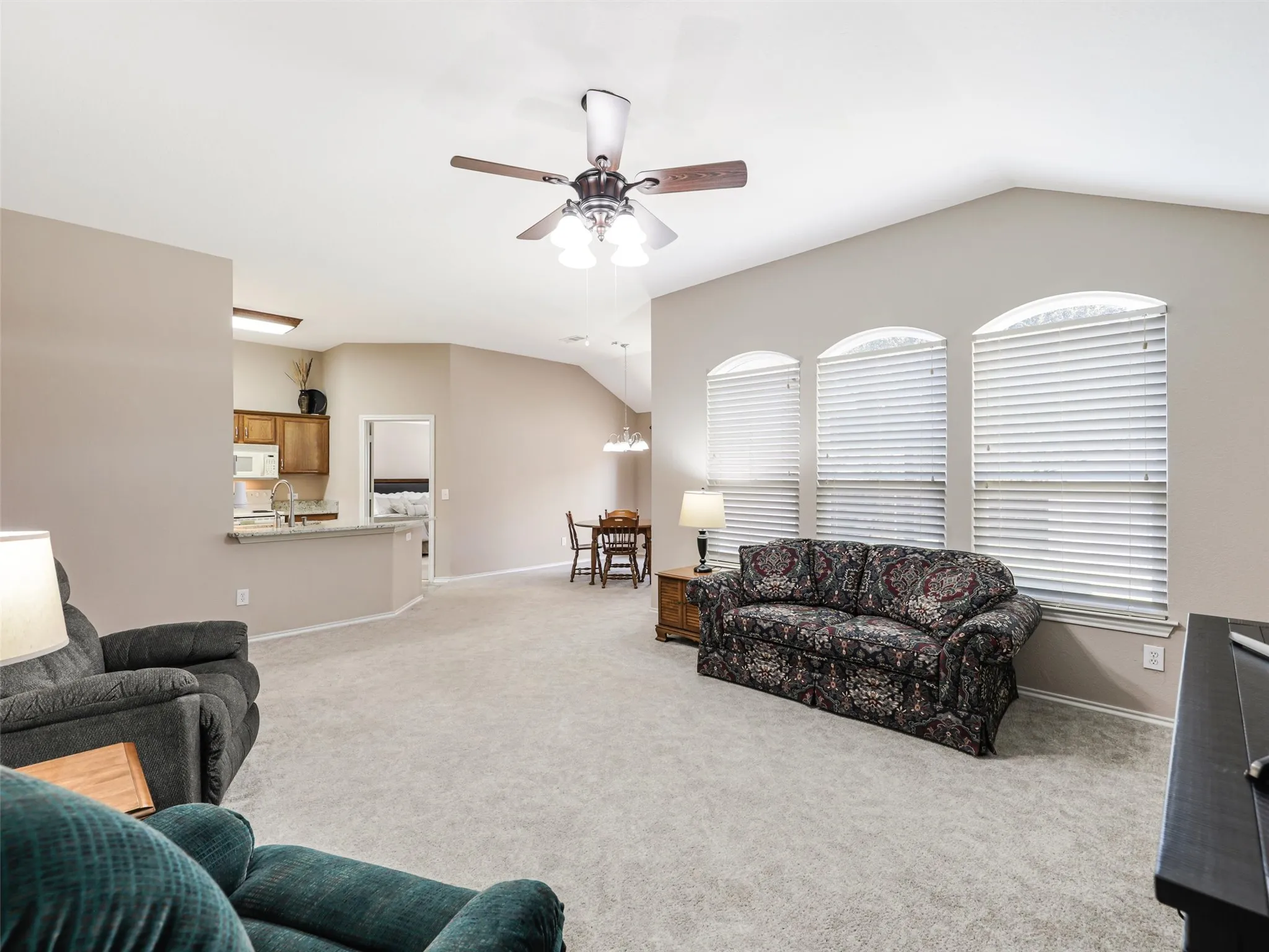 Views looking into kitchen and dining area