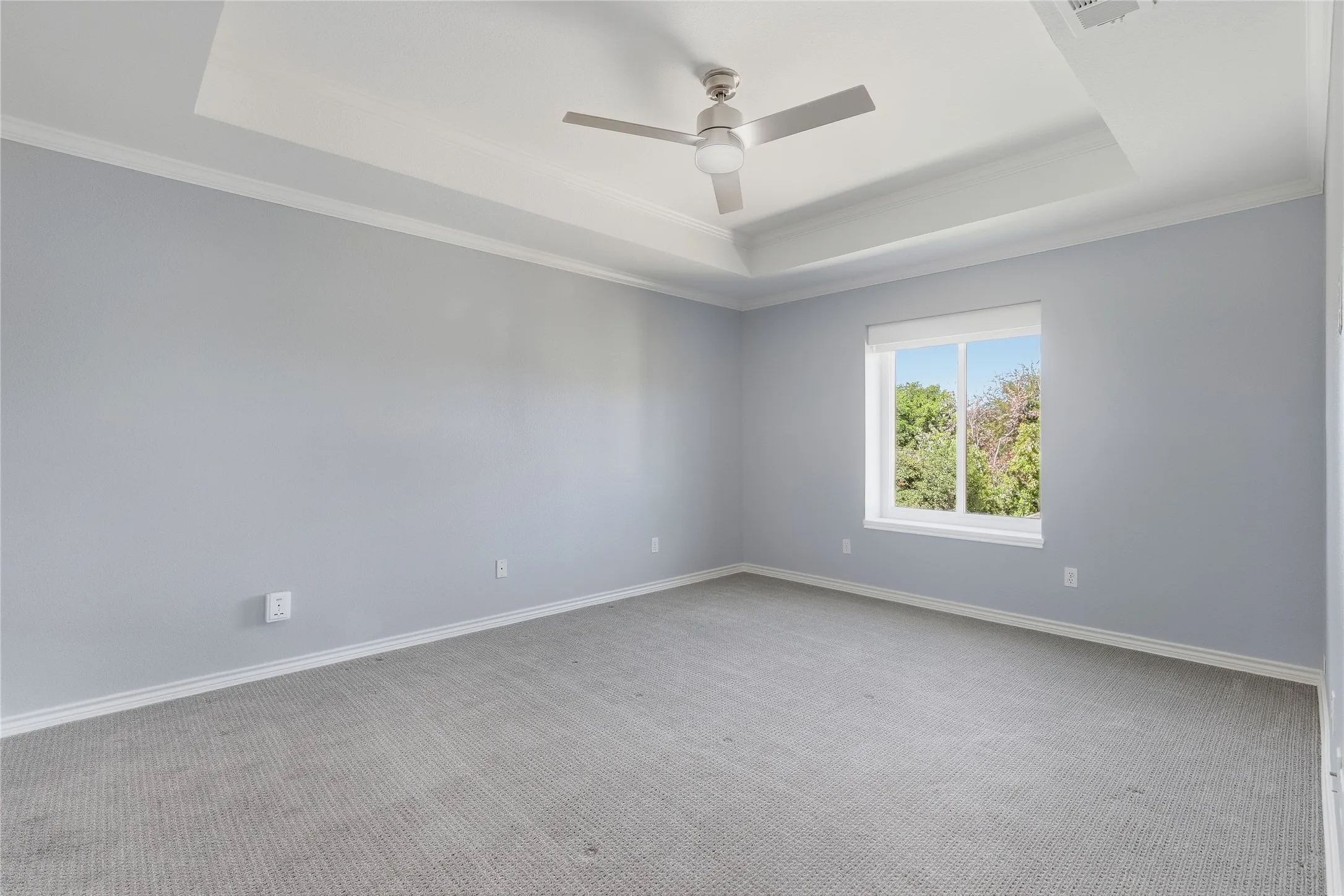 Tray ceiling with a ceiling fan, crown molding, double-pane window, and carpeted flooring