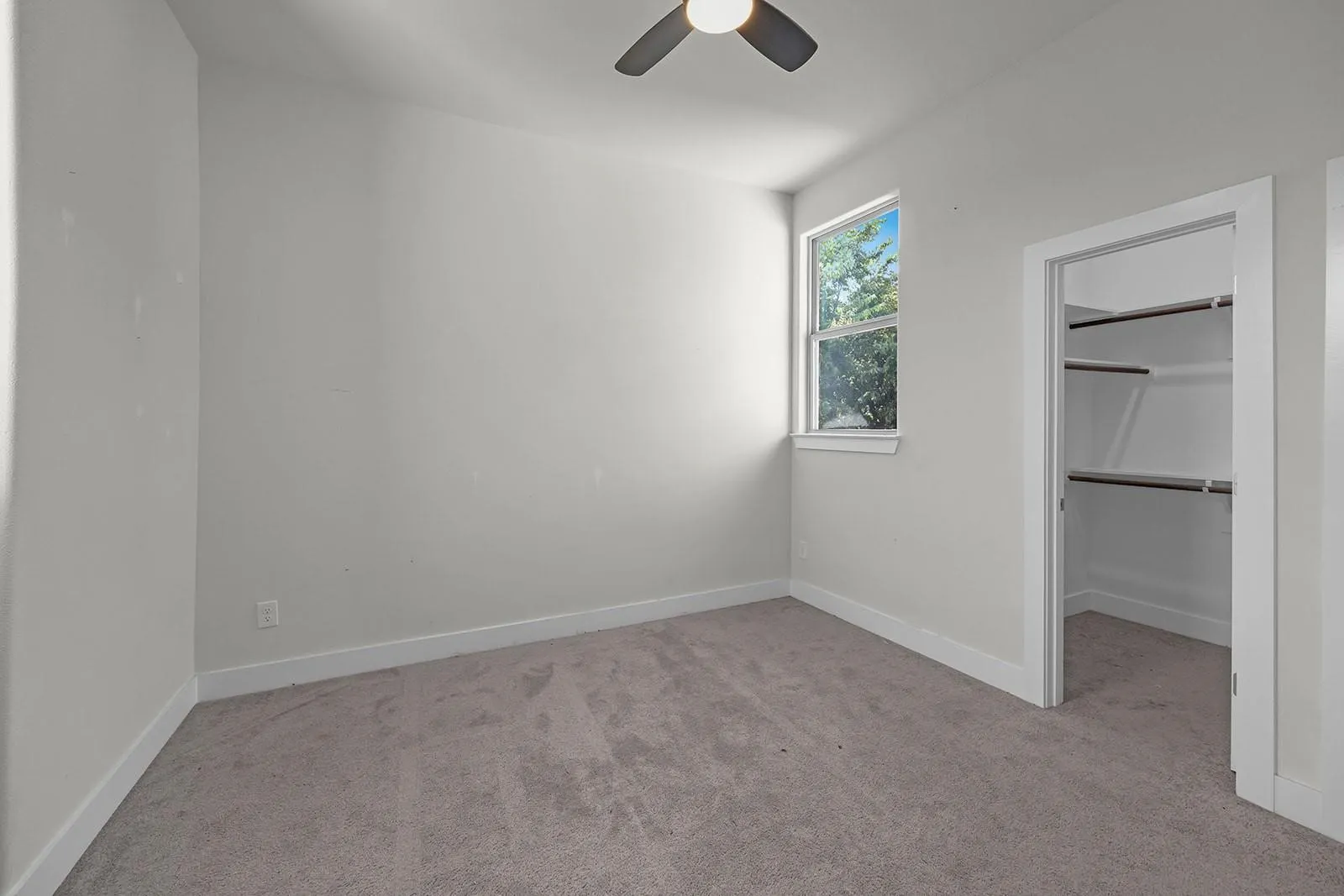 Neutral gray carpeting, white walls, and a window with white trim