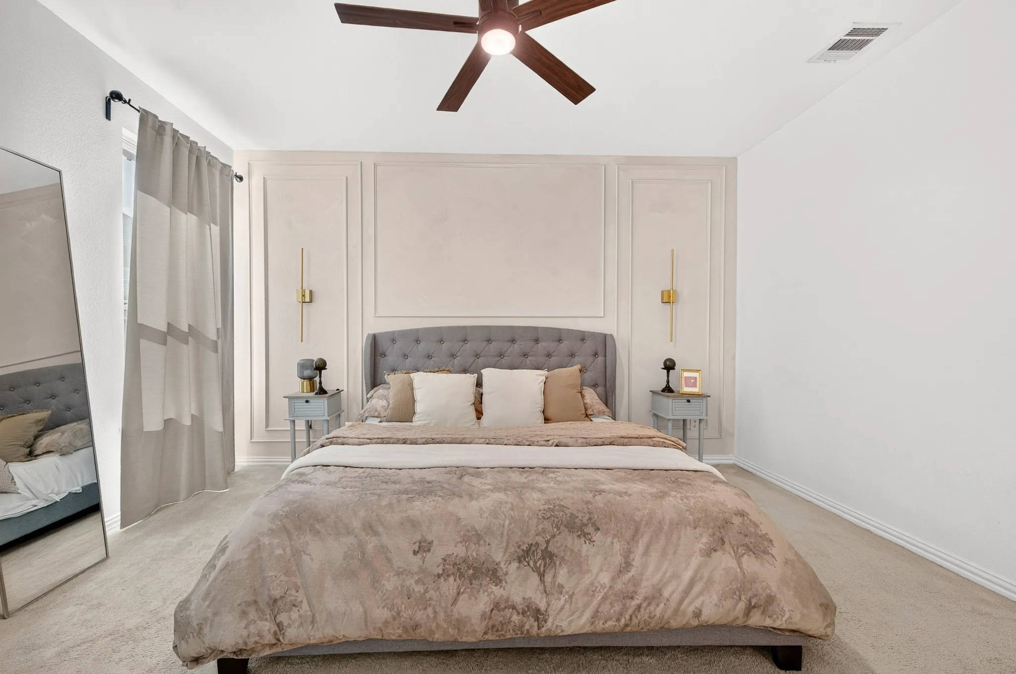 Wall paneling accent, ceiling fan, carpeting, window with curtain rod