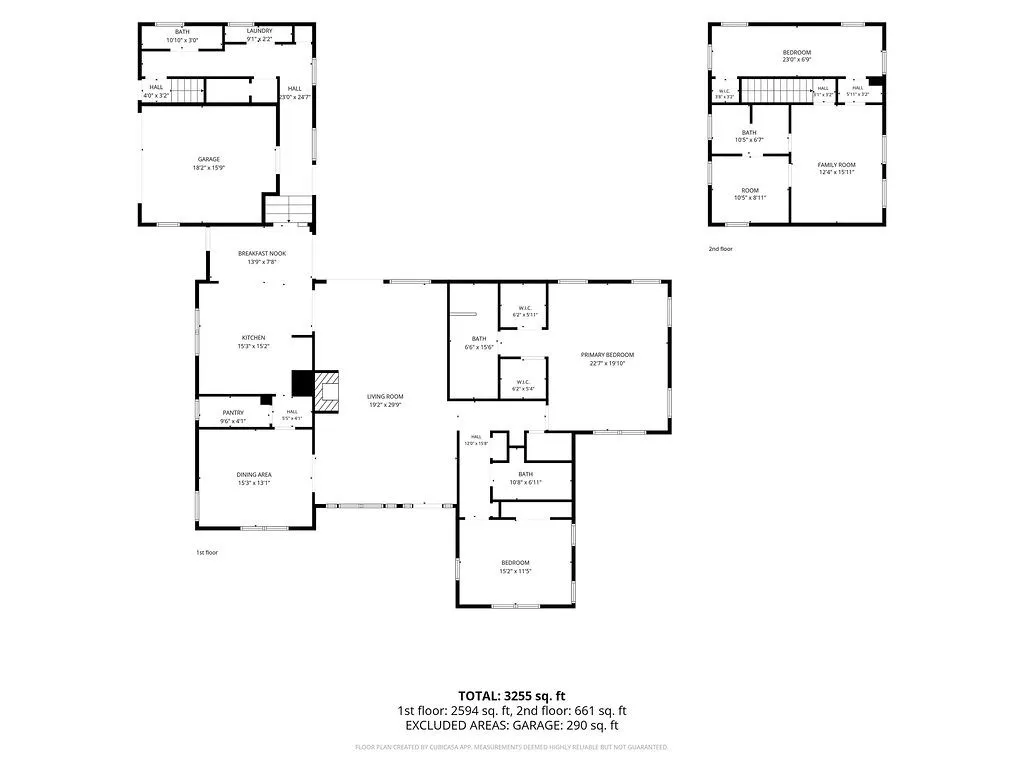 Floor plan with room dimensions. 3,255 sq ft total: 2,594 first floor, 661 second floor