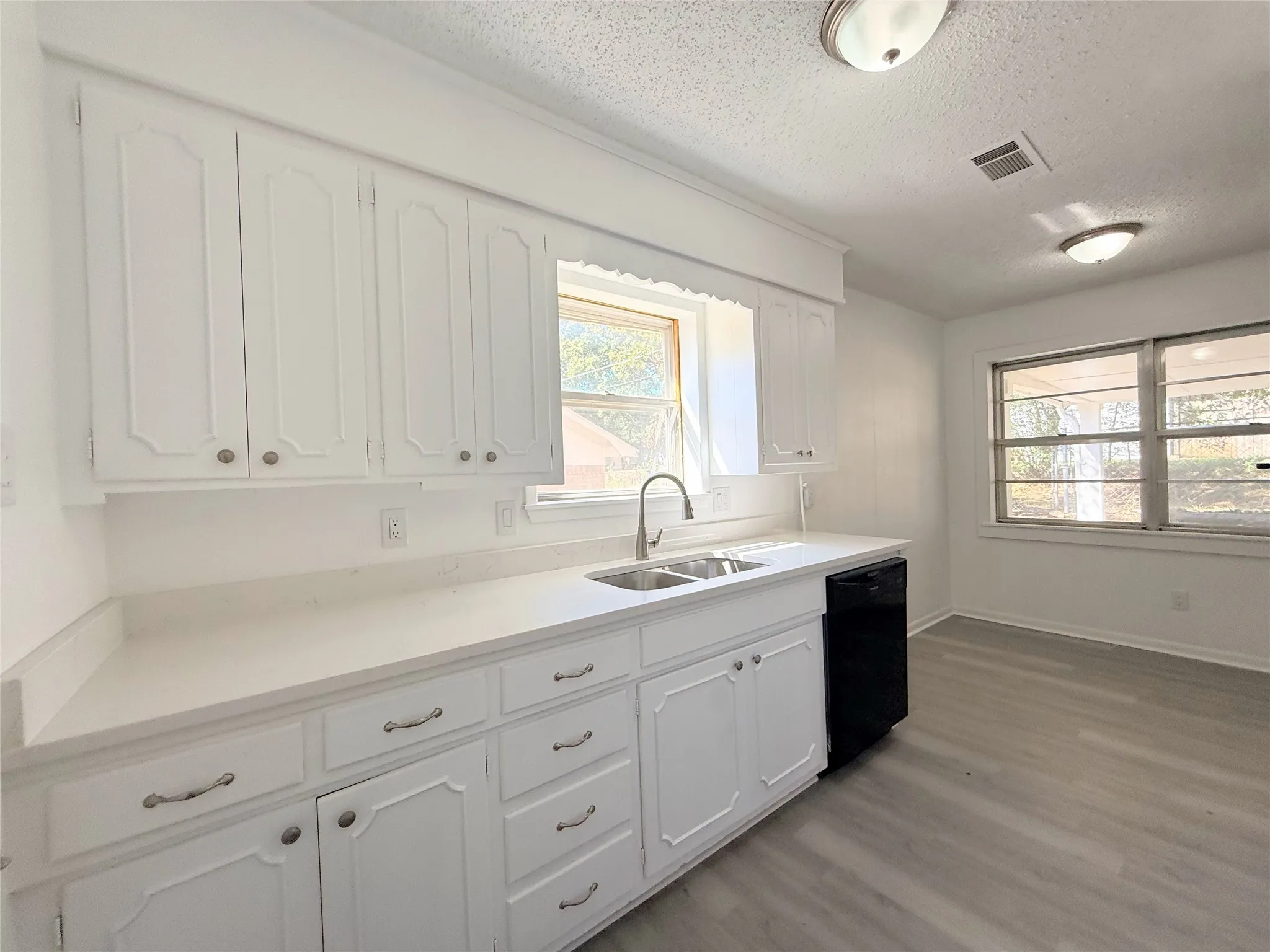 Kitchen with white cabinetry, light-toned countertops, a dual basin stainless steel sink with a gooseneck faucet, and integrated black dishwasher