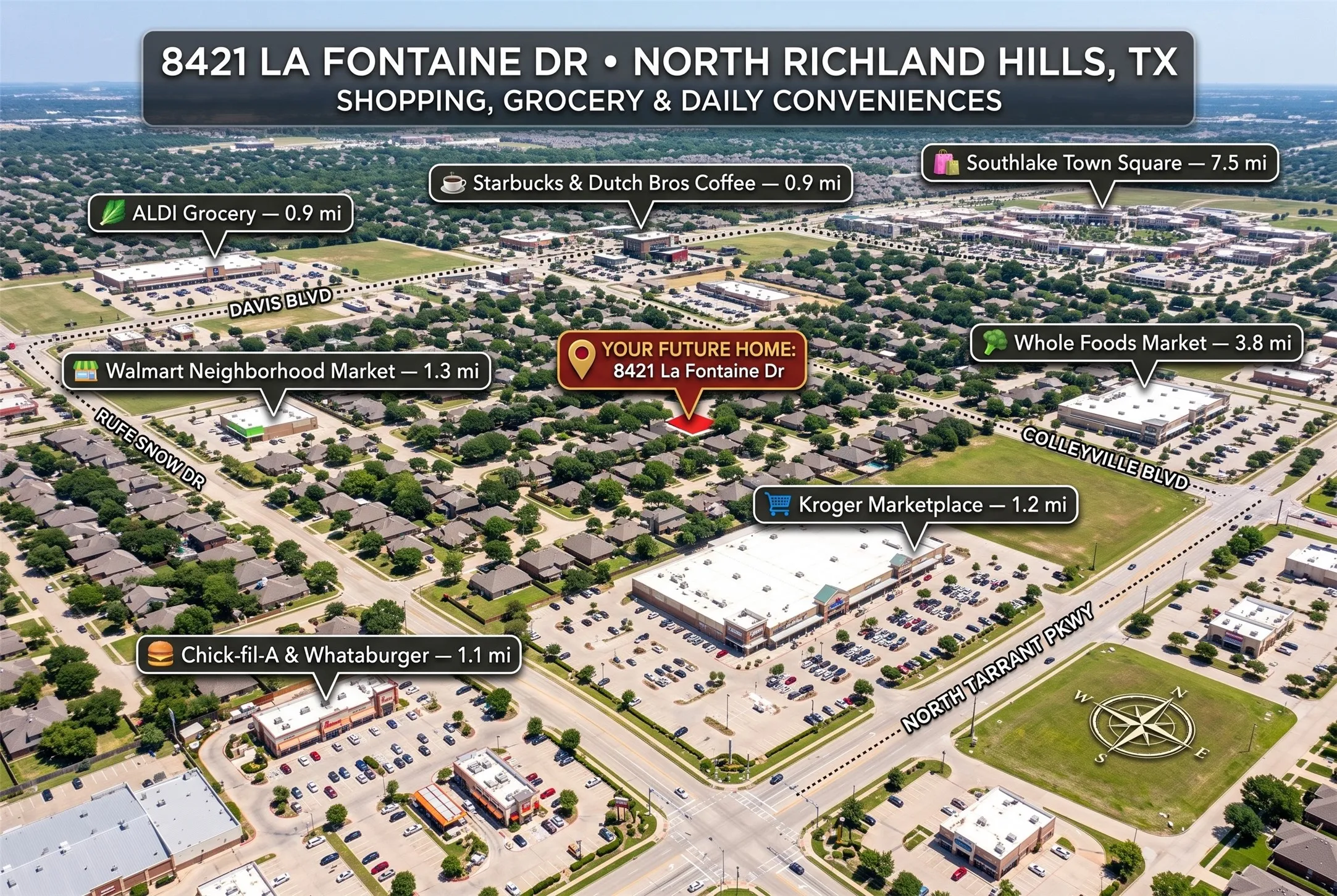 Aerial perspective showcasing proximity to various grocery, retail and dining establishments