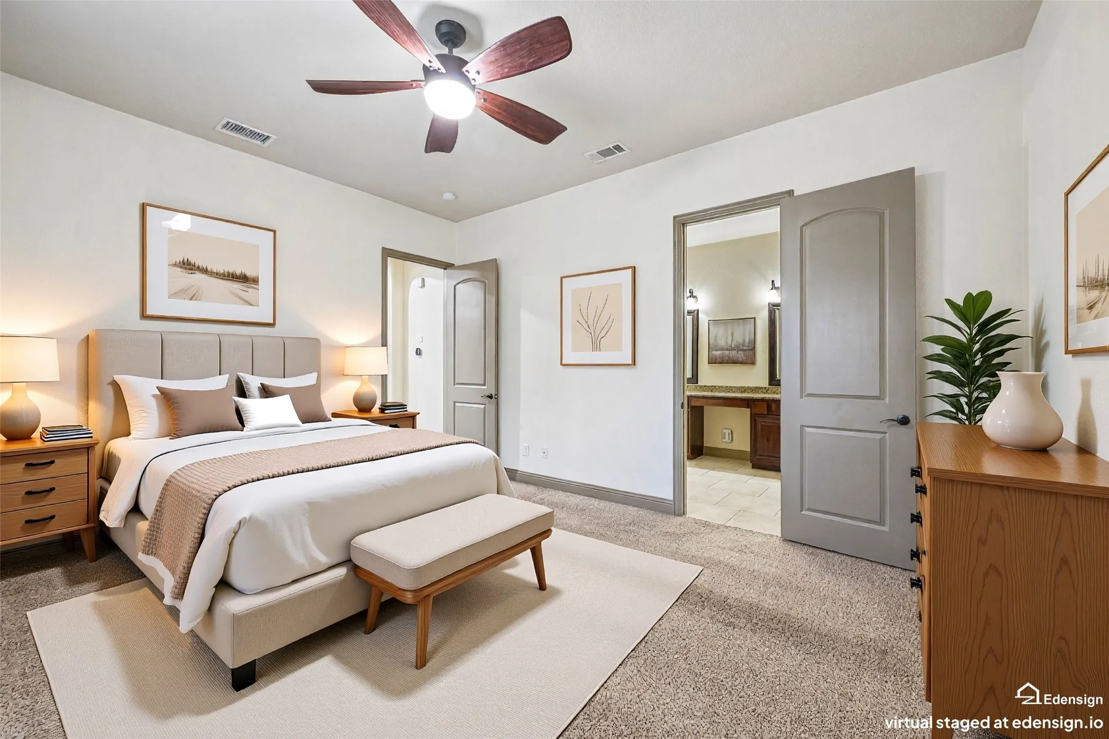 Recessed lighting, ceiling fan, carpet flooring, window with blinds, and a built-in closet. Virtually Staged.