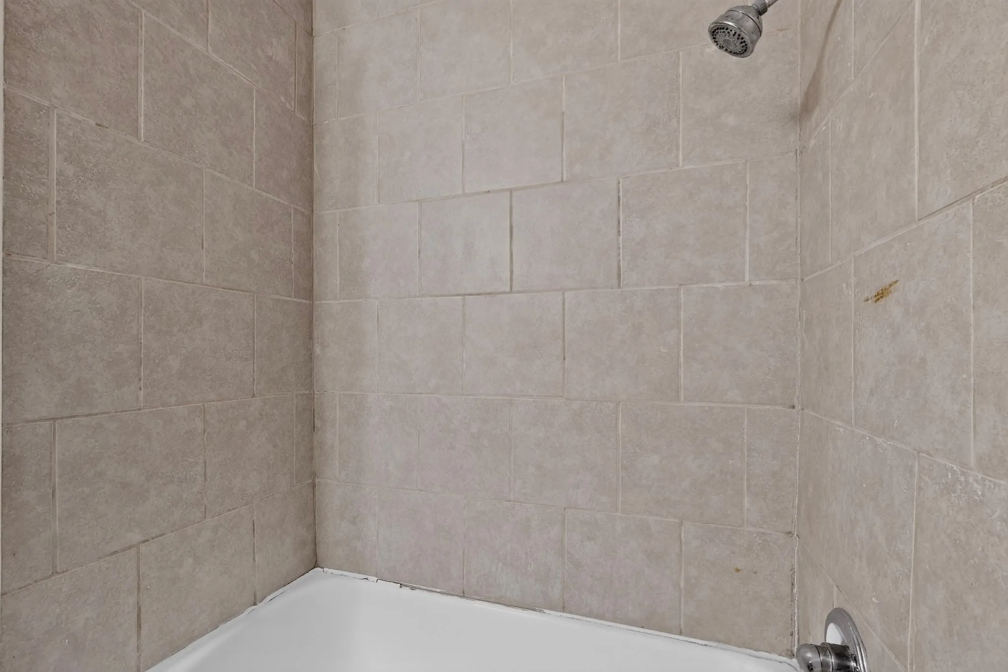 White bathtub with a chrome showerhead and control