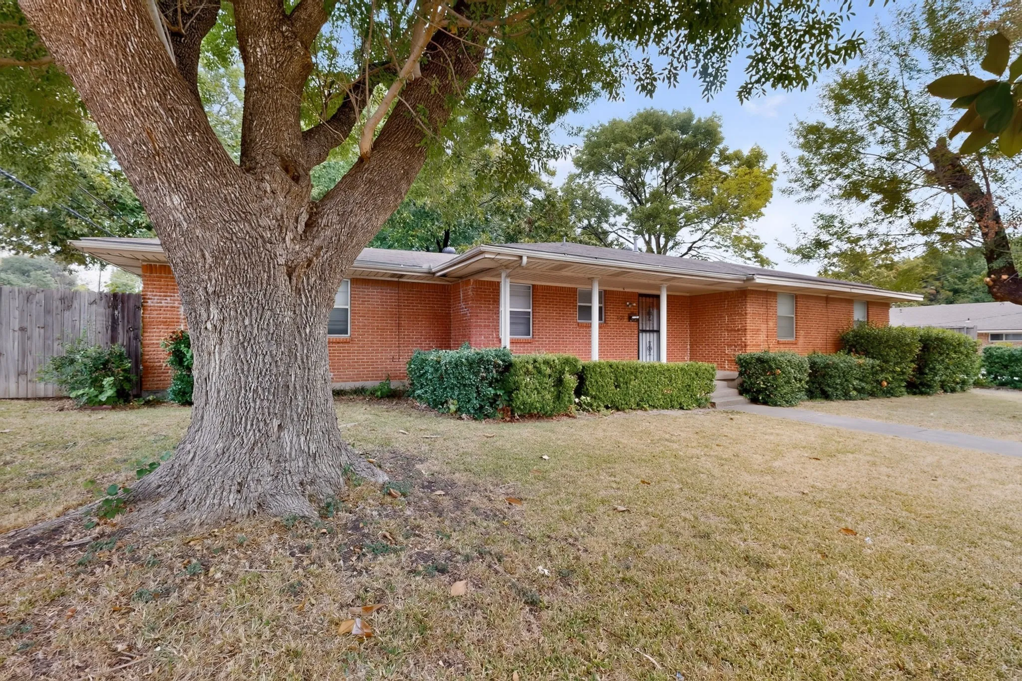 Brick exterior residence featuring a covered front entry, mature tree, and established landscaping