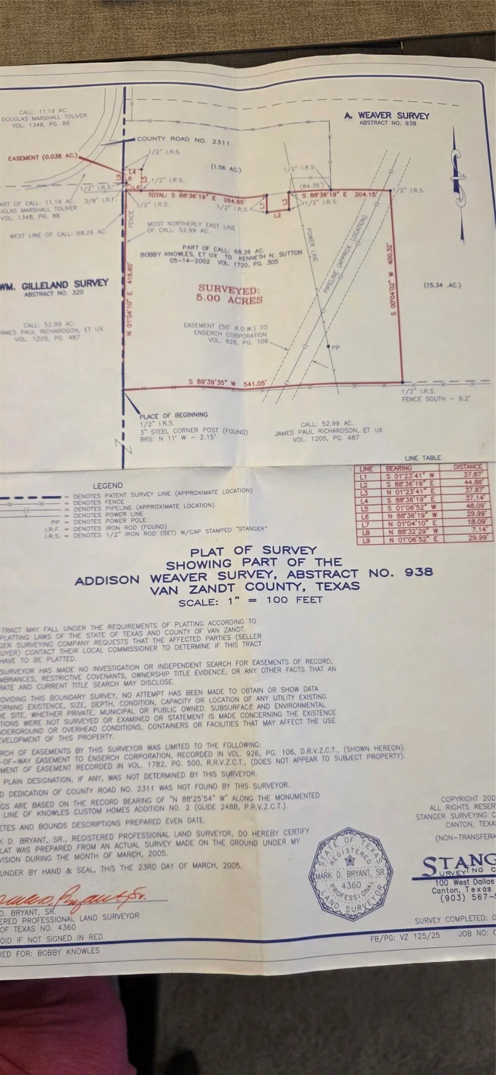 Plat of Survey. Illustrating the Addison Weaver Survey in Van Zandt County, Texas, detailing property boundaries and dimensions