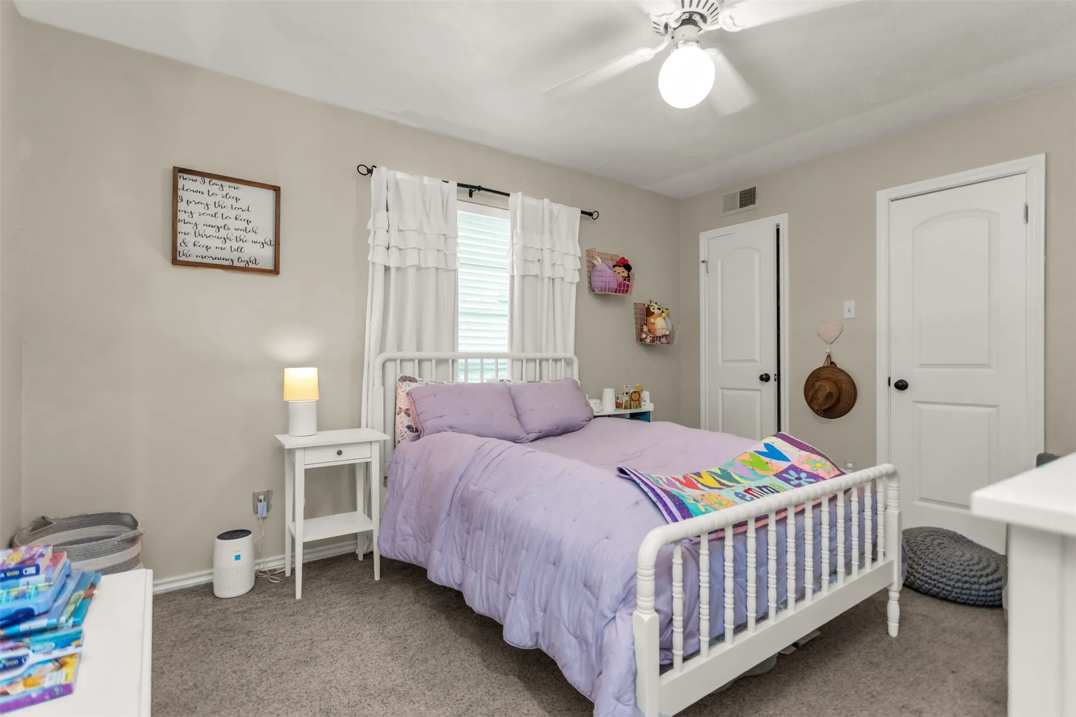 Neutral wall paint, ceiling fan with integrated lighting, window with white blinds, and two paneled doors with black hardware
