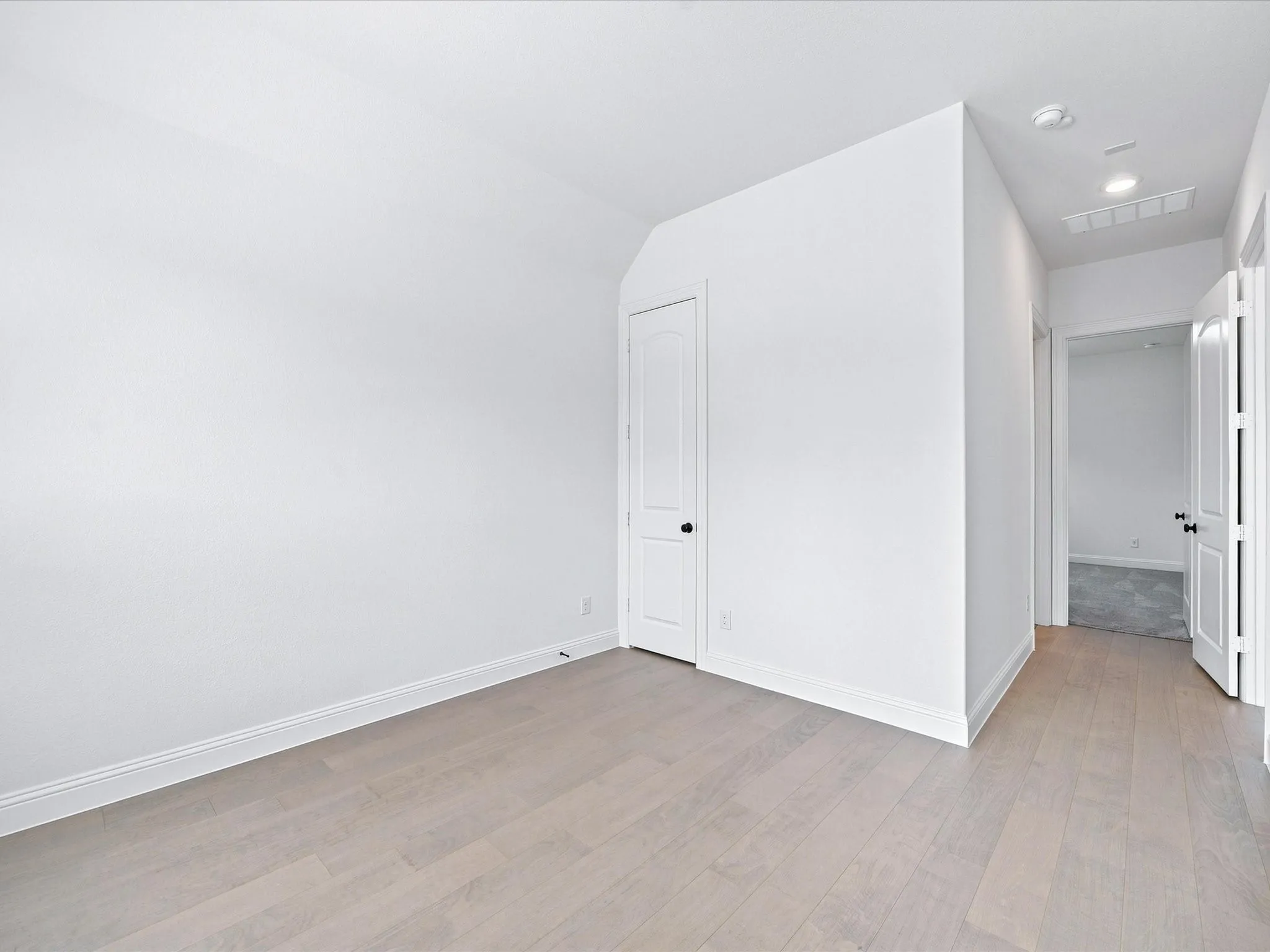 Vaulted ceiling, light wood-finish flooring, white walls, and white trim