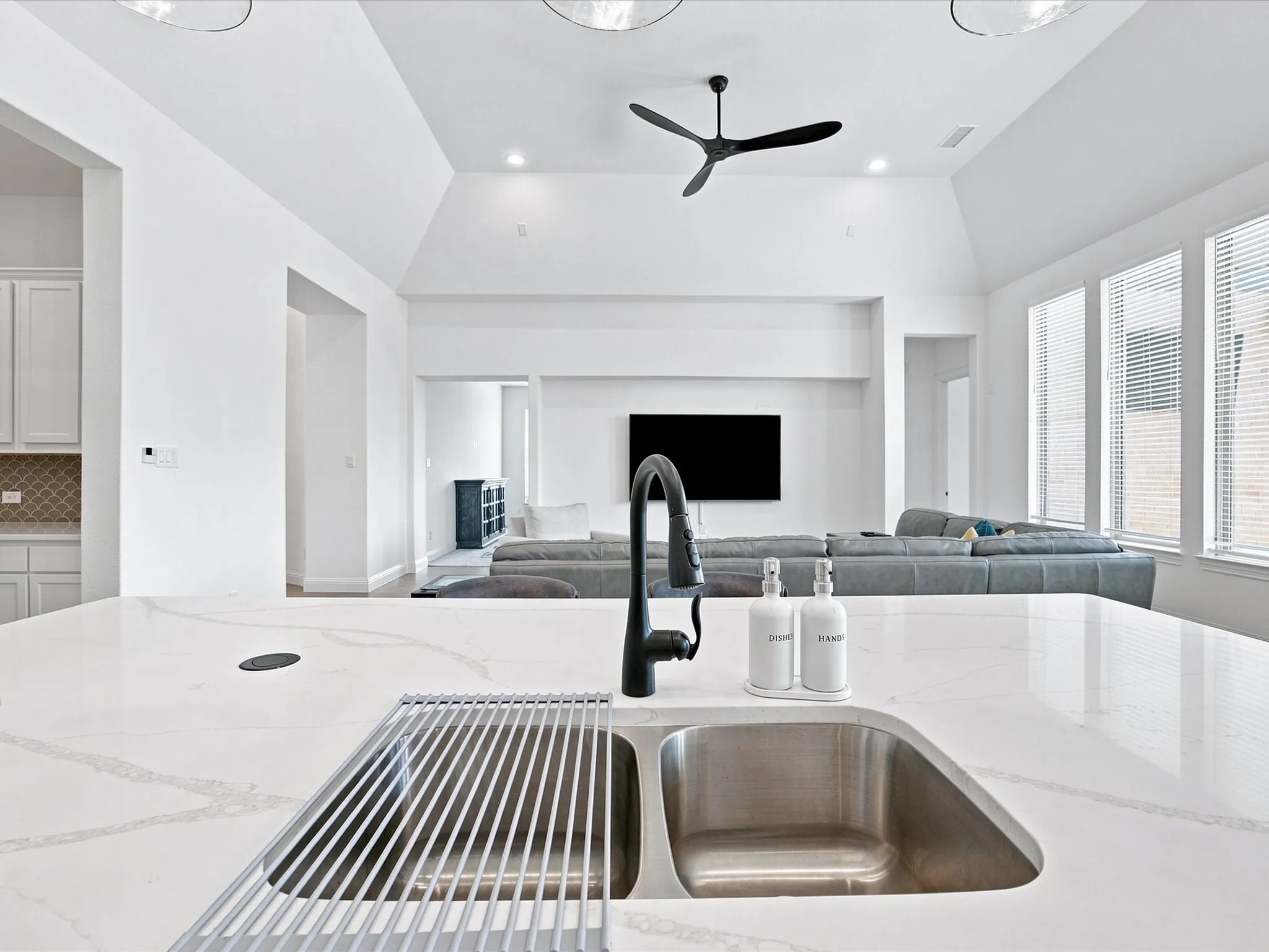 Kitchen island overlooking Living Room