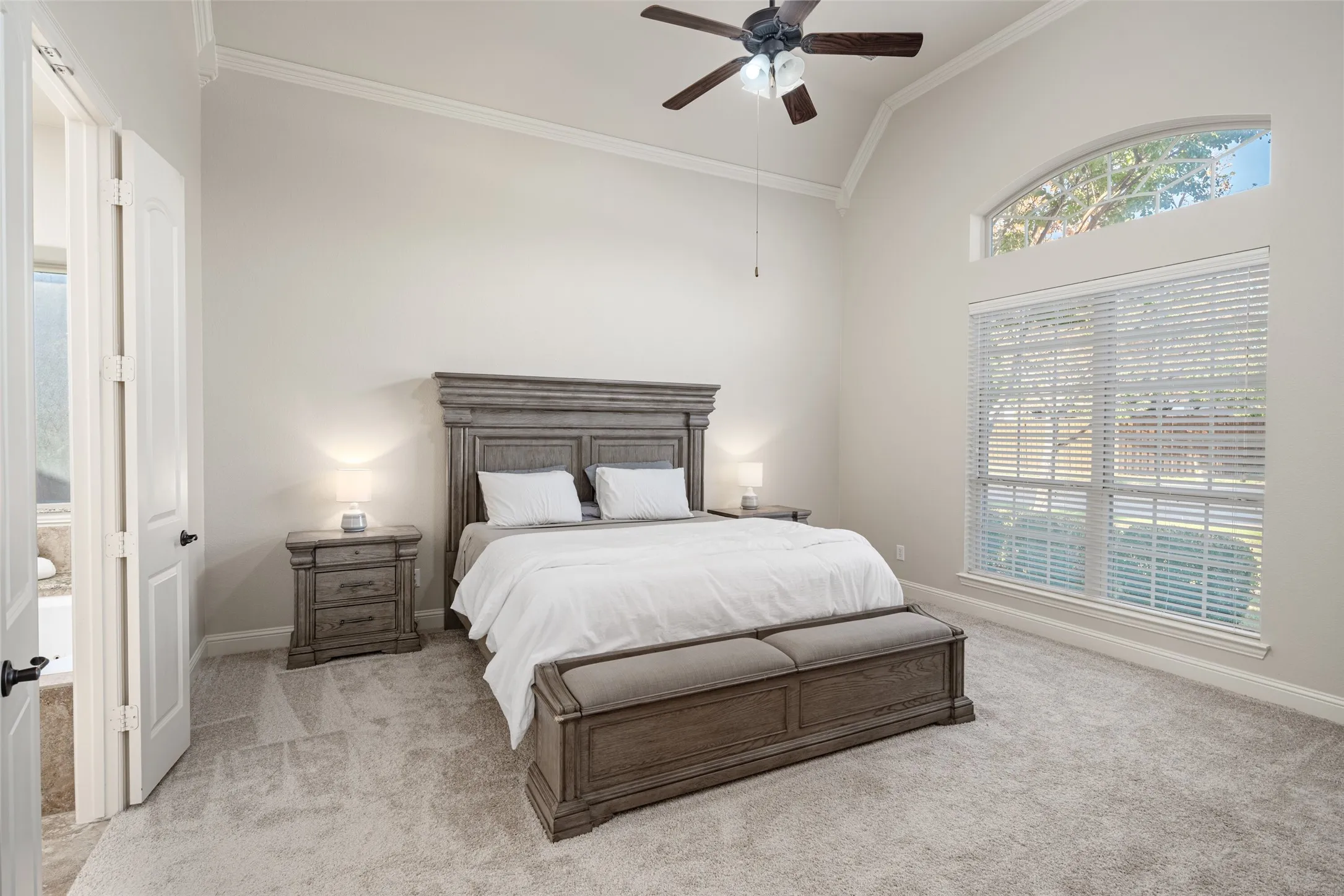 Vaulted ceiling with crown molding, ceiling fan, arched transom window, large window with blinds, and light-toned carpeting