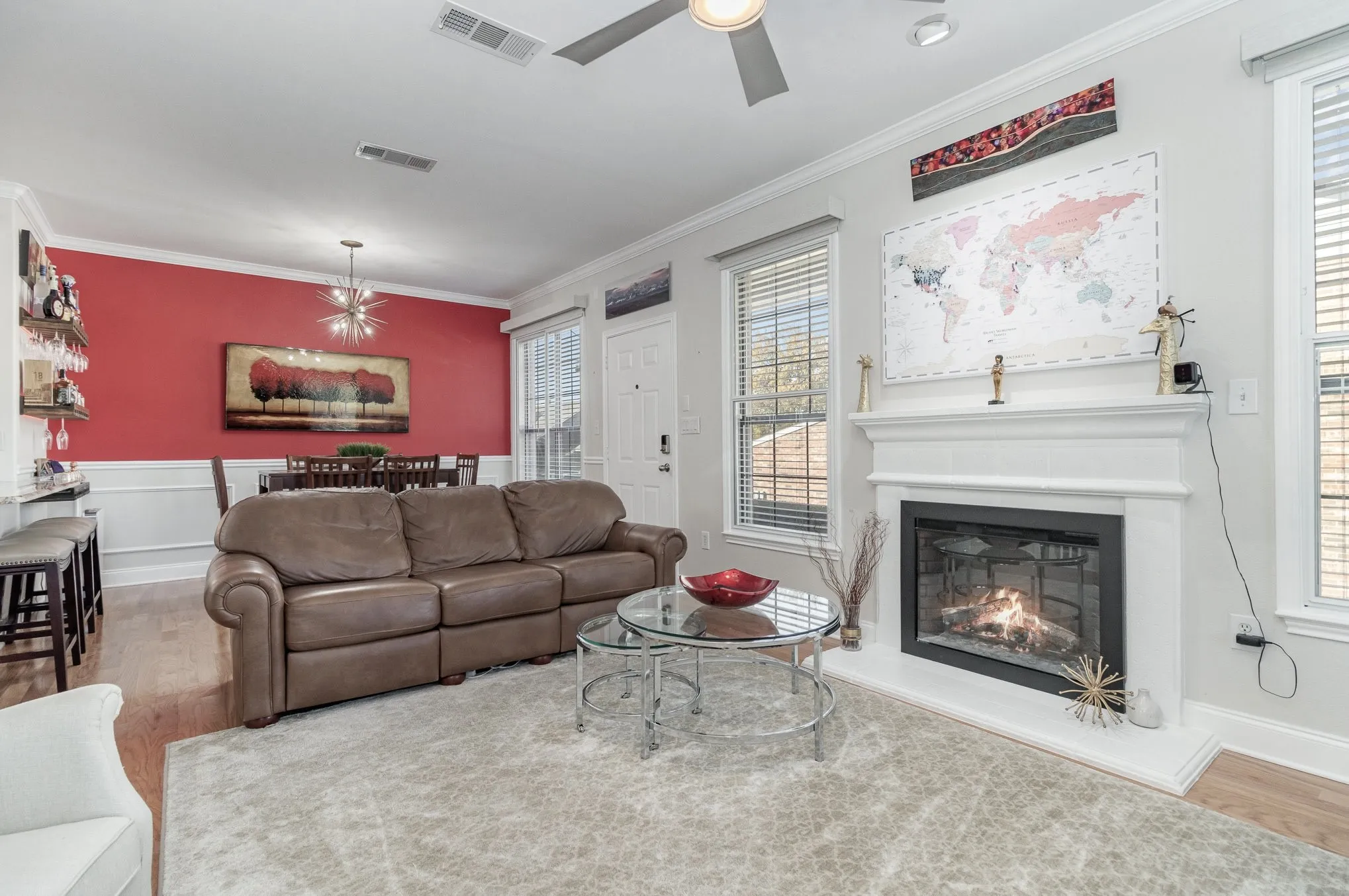 Fireplace is electronic with ability to adjust flames.