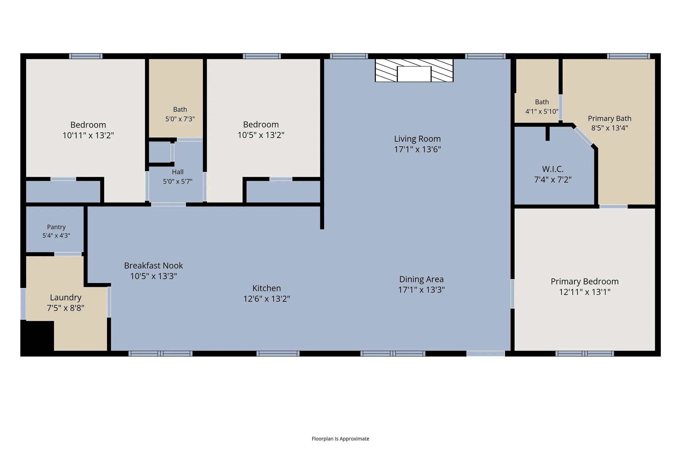 Floor Plan: Illustrated layout showing the living room, dining area, kitchen, breakfast nook, pantry, laundry area, bedrooms, bathrooms, and walk-in closet, with approximate room dimensions.