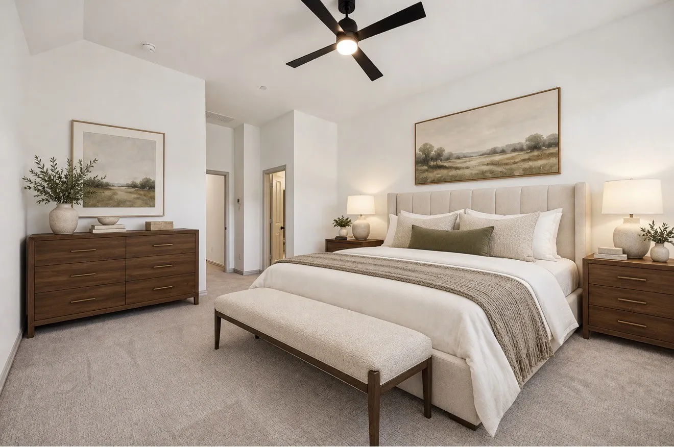 Virtually Staged. Carpeted bedroom with a ceiling fan, recessed lighting, and neutral wall finishes