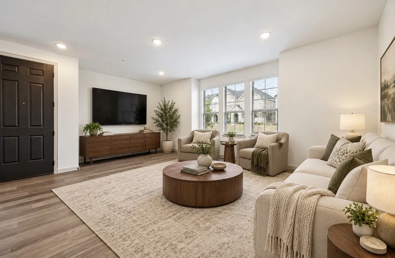 Virtually Staged photo. Recessed lighting illuminating the open living space, wood-finish flooring, and a dark paneled entry door