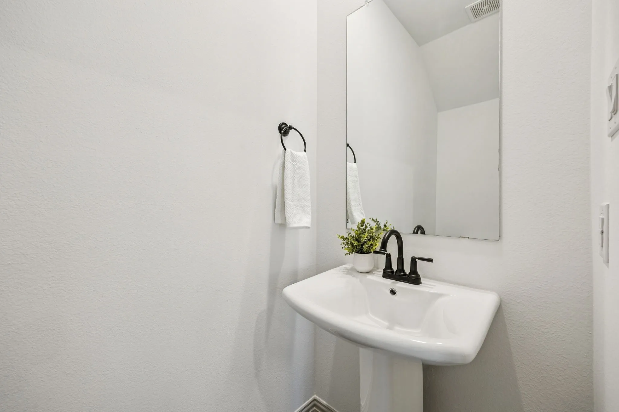 Pedestal sink with a matte black faucet, wall-mounted mirror, and black towel ring