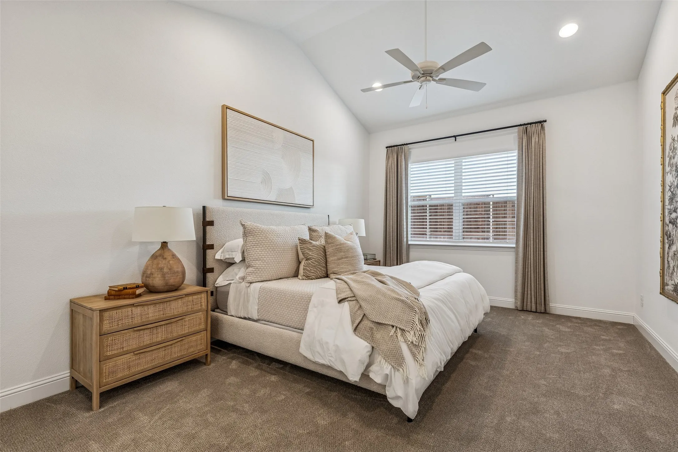 Vaulted ceiling with a ceiling fan, recessed lighting, window with blinds, and neutral carpeting