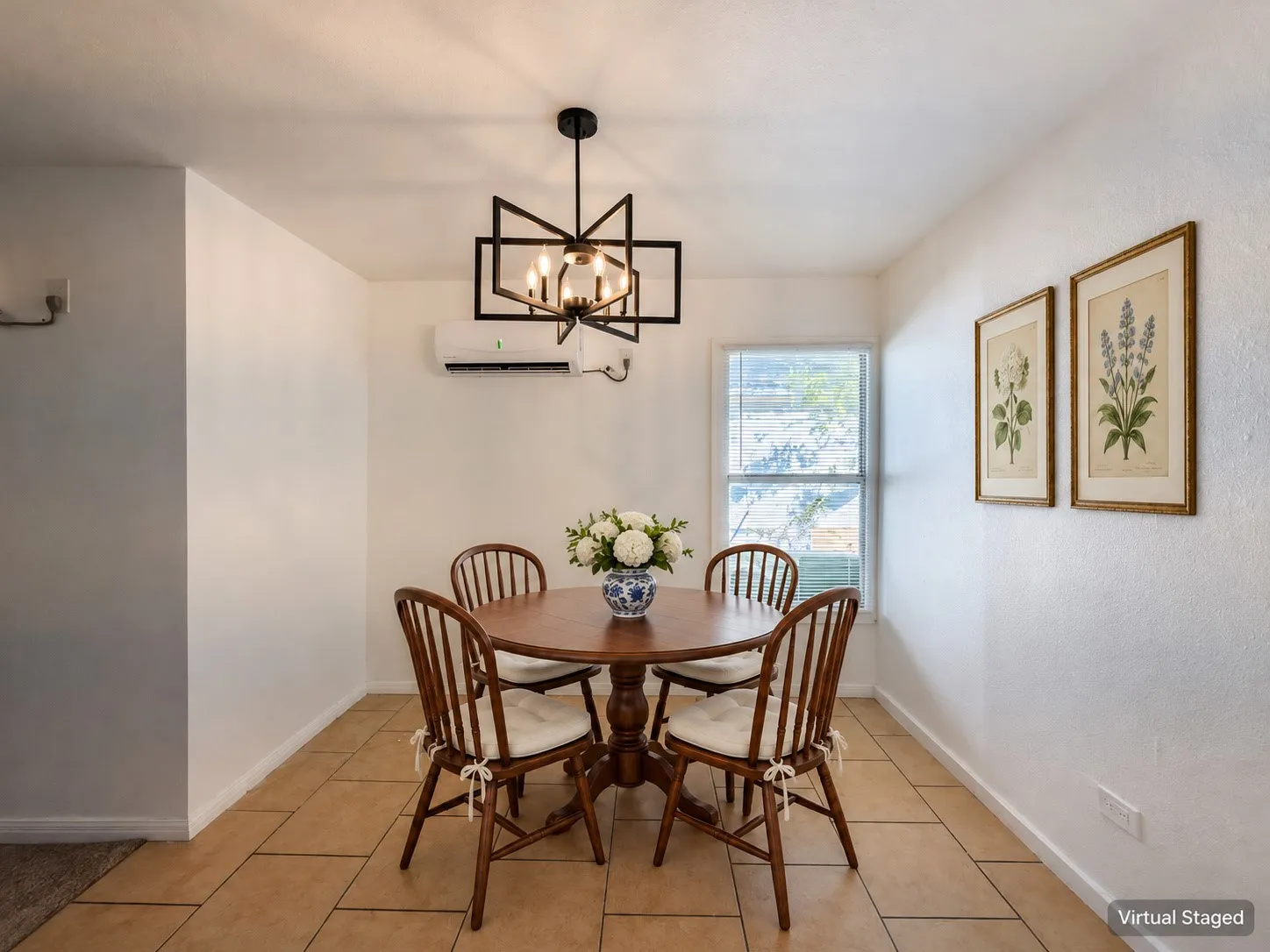 Tile flooring, wall-mounted air conditioning unit, rectangular window, and a geometric chandelier