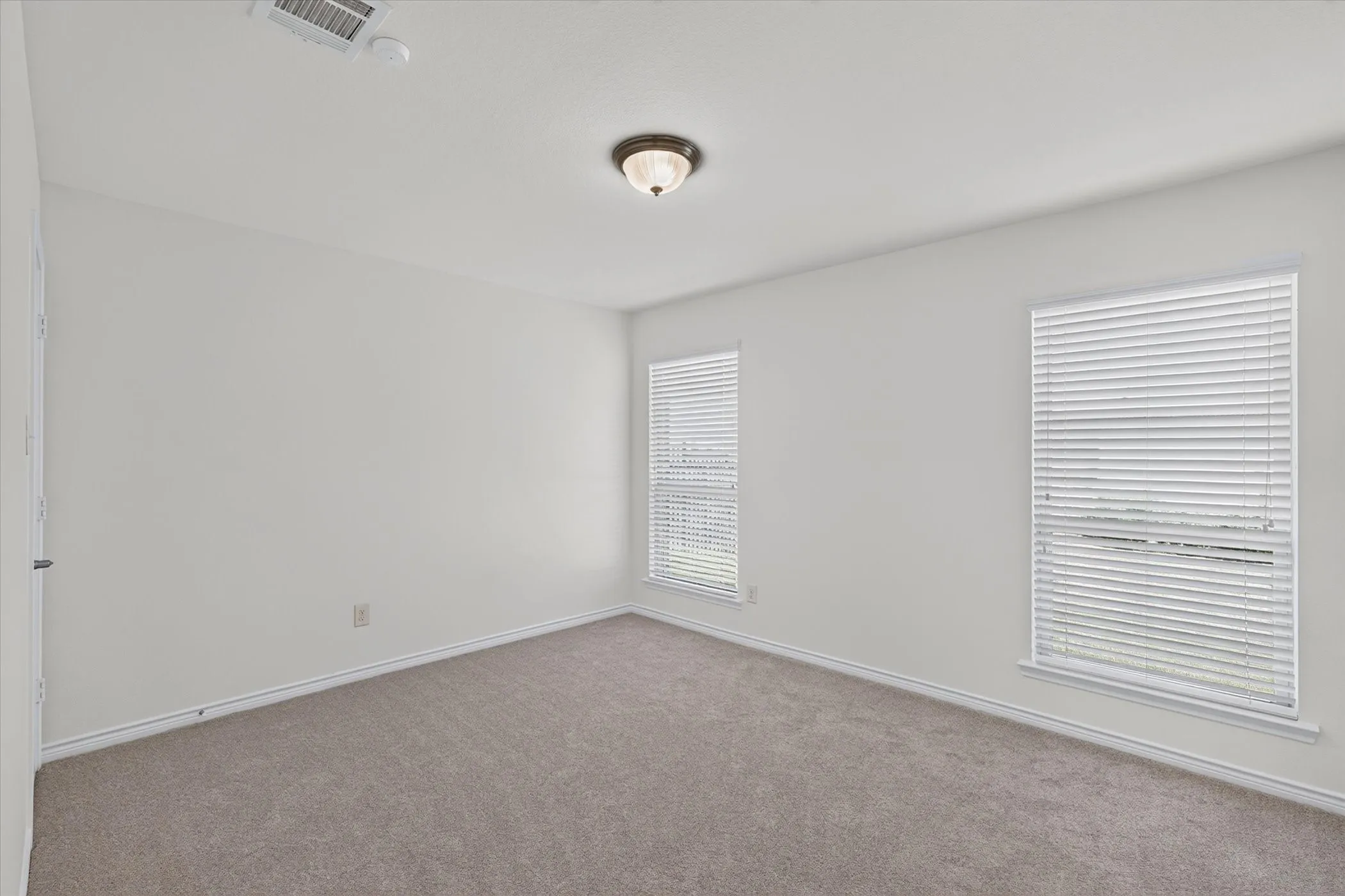 Neutral wall paint, carpeted flooring, two windows with blinds, and a ceiling-mounted light fixture