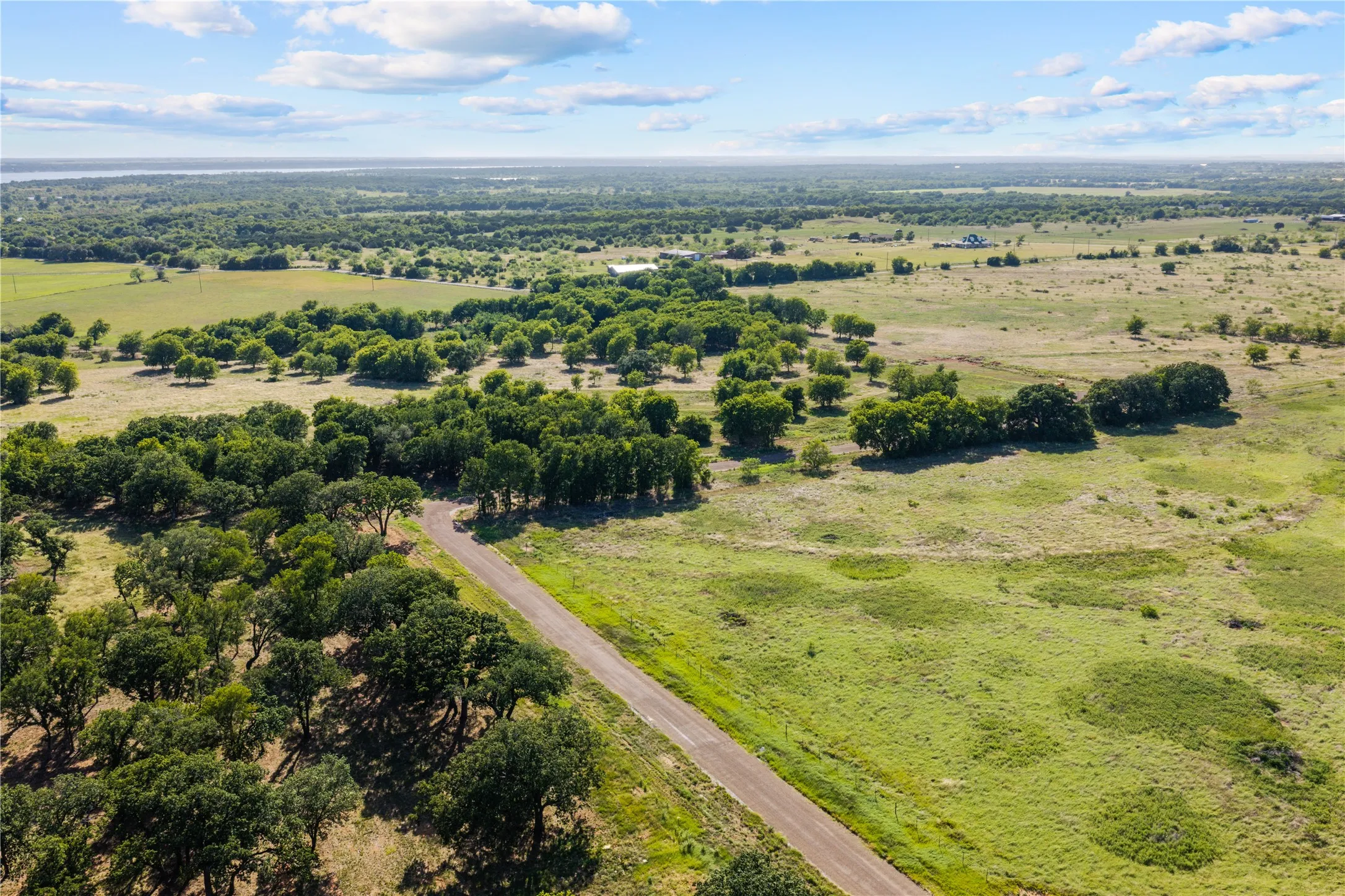 Expansive land featuring mature trees, a paved road, and open grassy areas