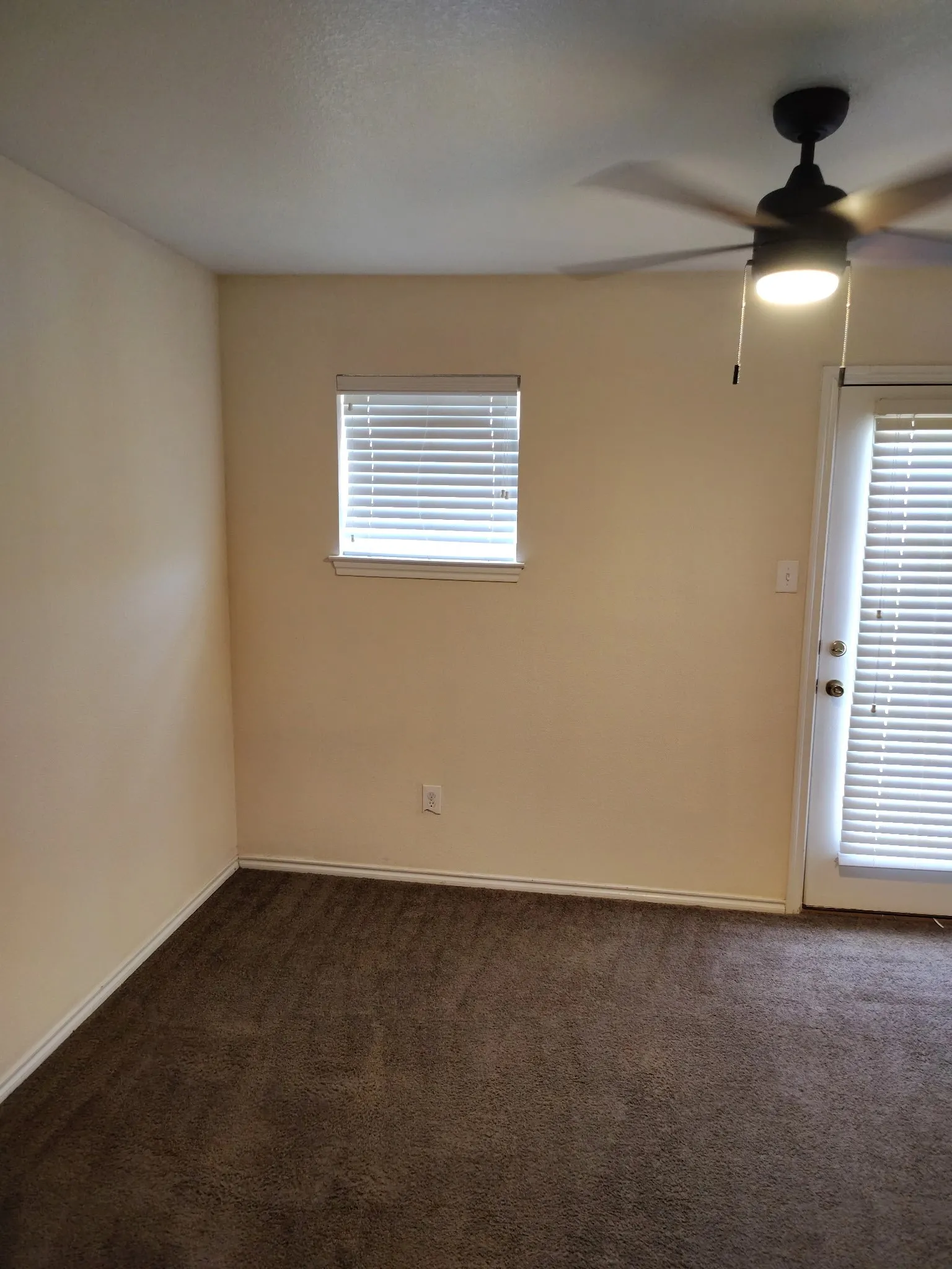 Neutral-toned walls complement the dark brown carpeting