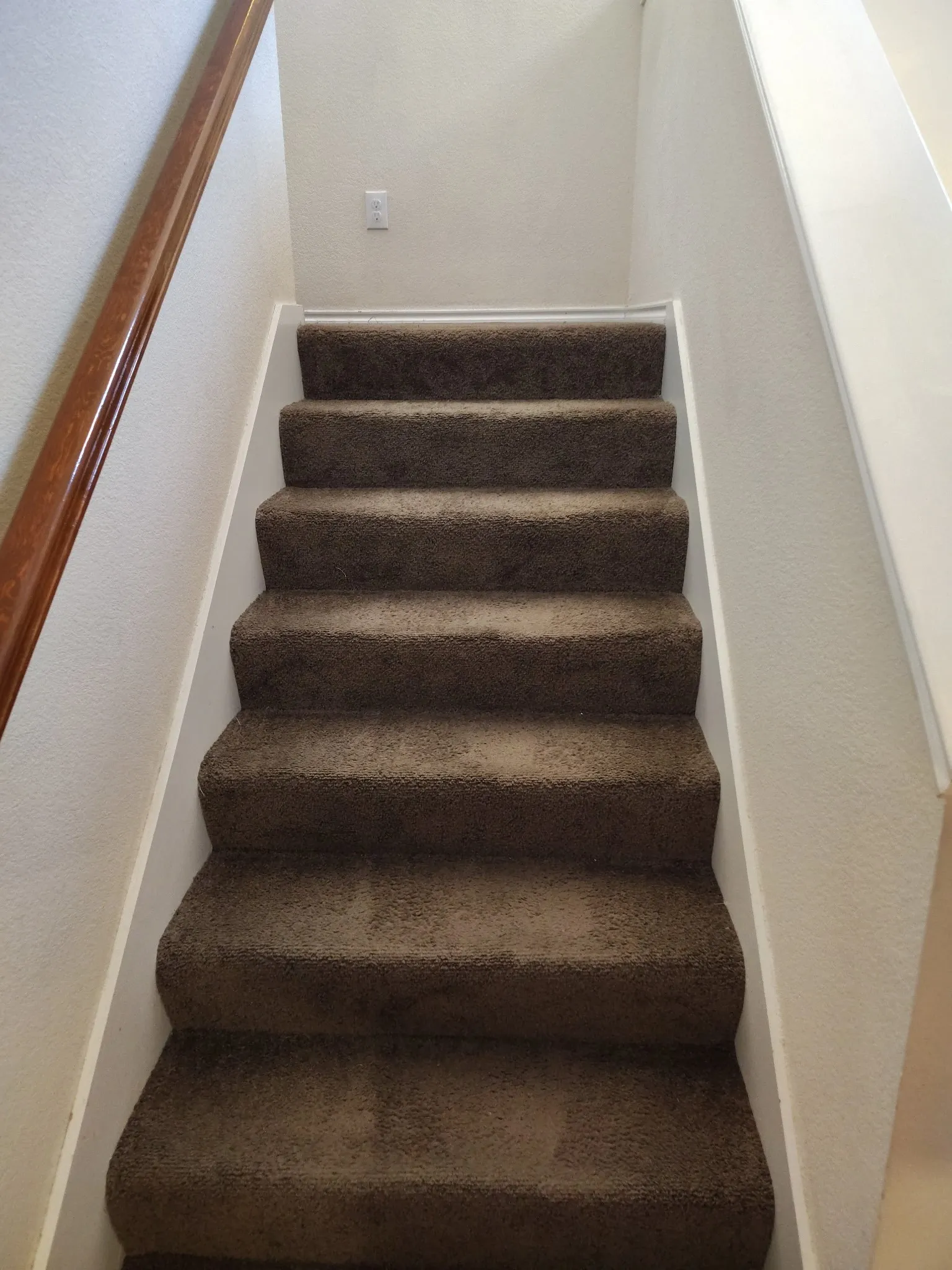 Staircase with brown carpeting, white risers, and a polished wood handrail