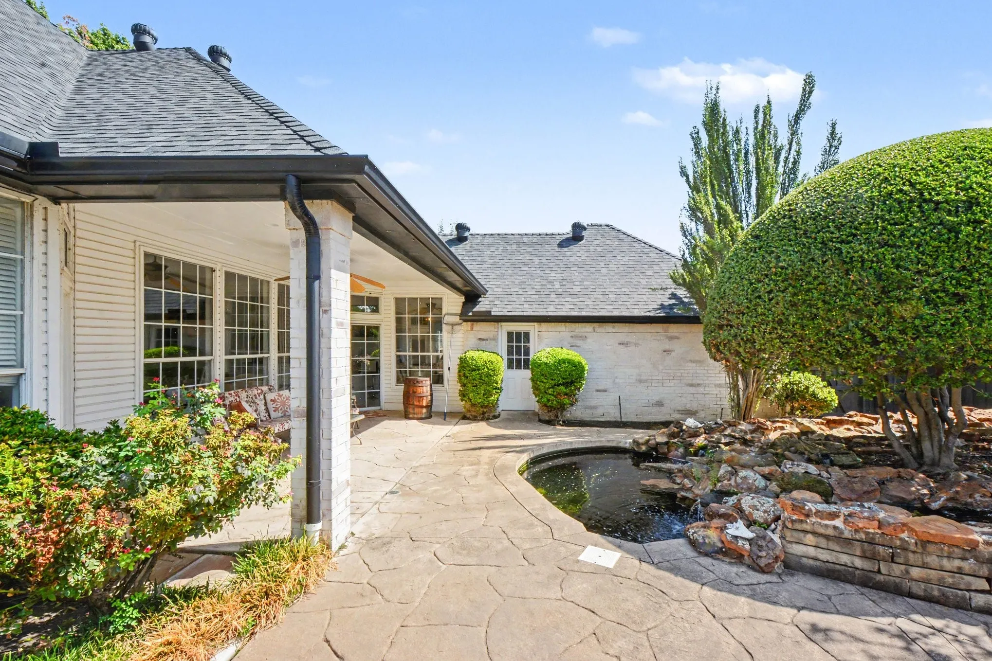 Covered patio and koi pond