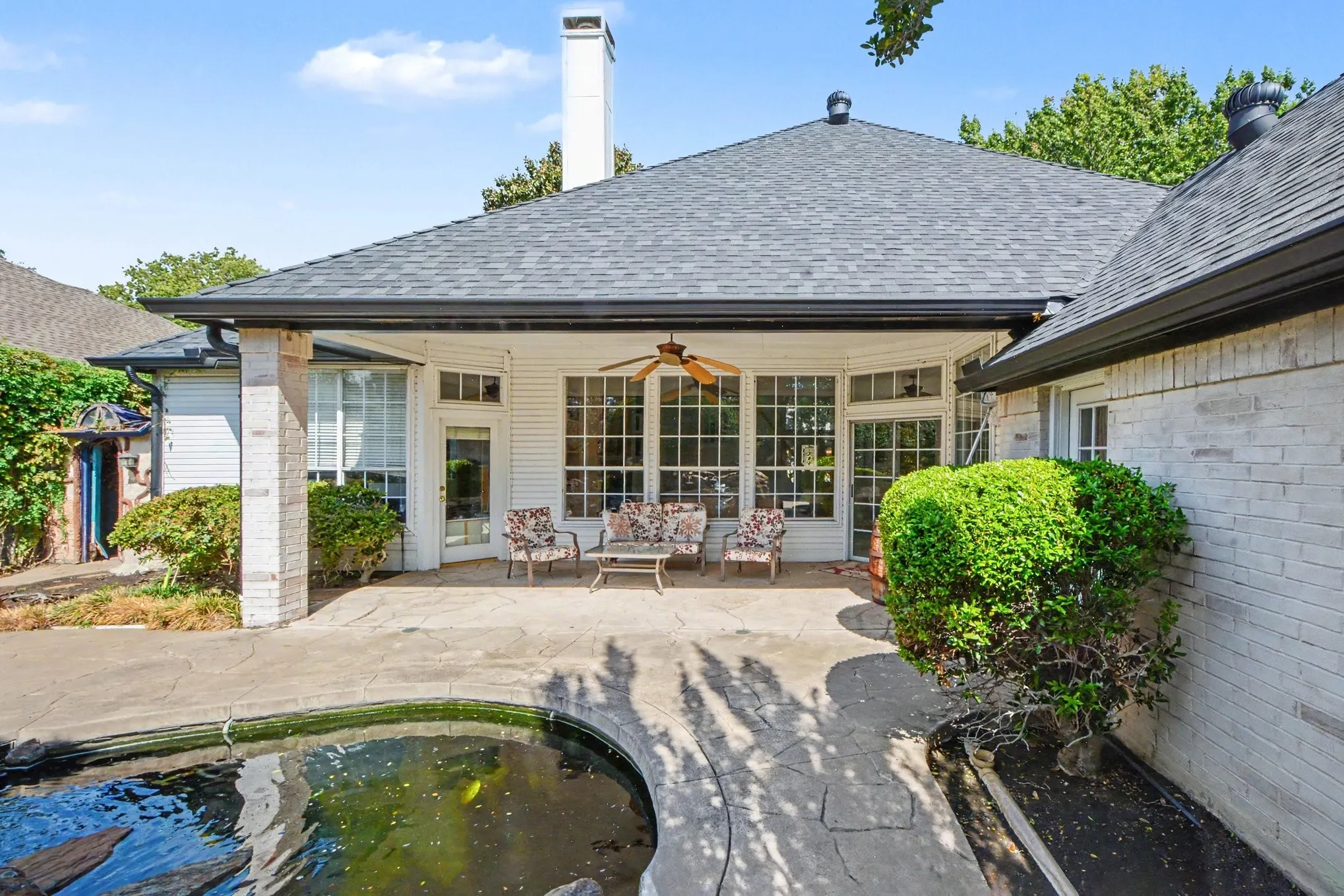 Covered patio and koi pond