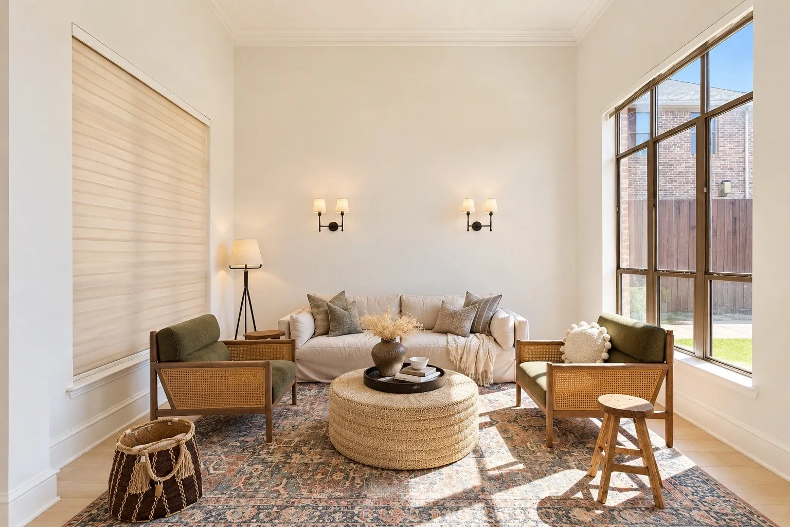 High ceilings with crown molding, large multi-pane windows, light wood-finish flooring, and recessed wall sconces