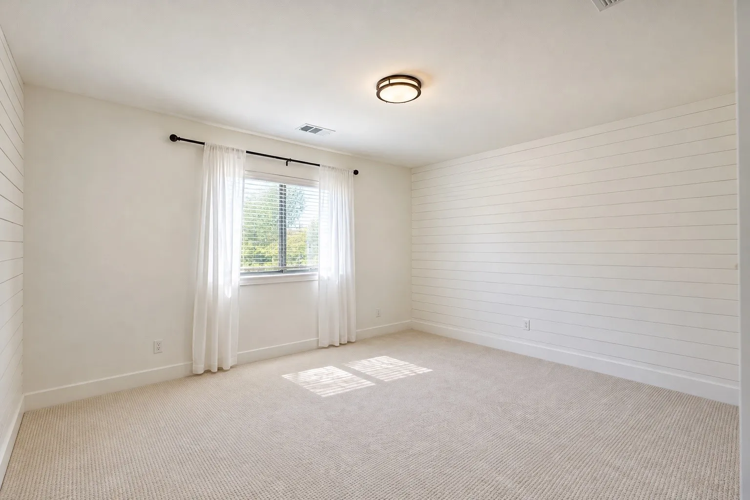 Light-toned wall paneling, flush mount ceiling lighting, a window with horizontal blinds, and plush carpeting