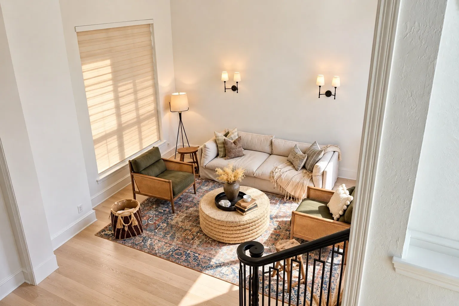 Open-concept living space featuring light wood-finish flooring, high ceilings, and recessed lighting