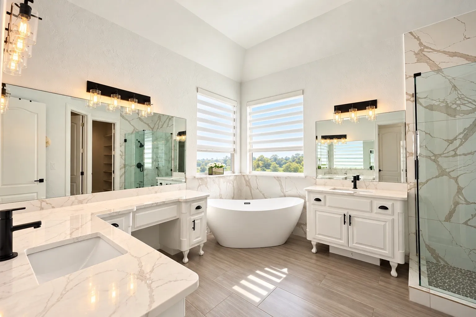 Freestanding soaking tub, dual vanity with undermount sinks, separate glass-enclosed shower, and wood-finish flooring