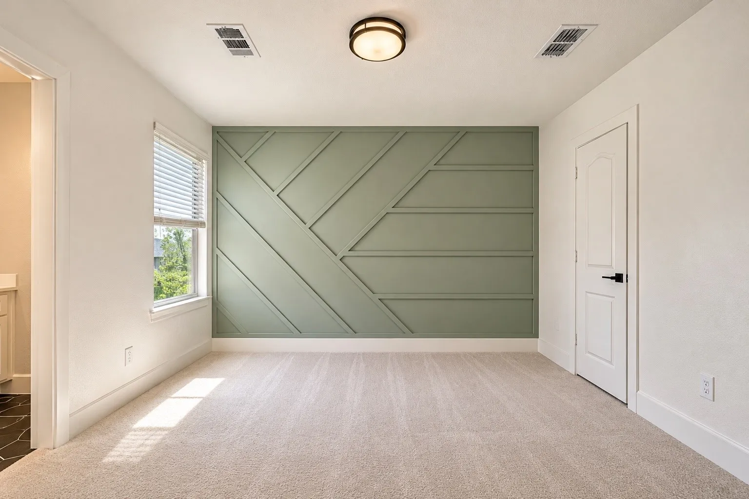 Accent wall with geometric wood paneling