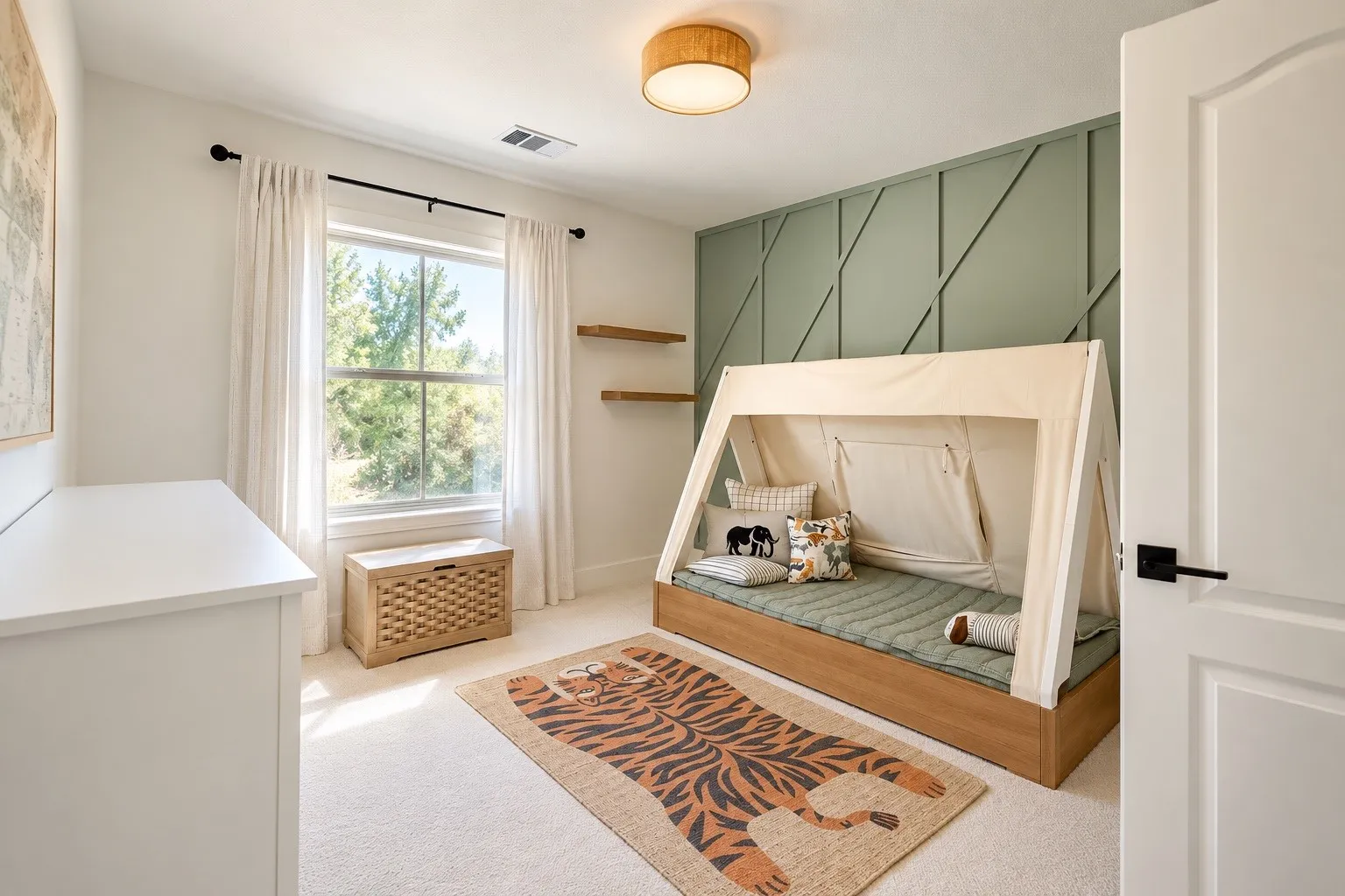 Crisp white trim throughout, featuring a window with natural light, a distinctive accent wall with geometric paneling, and a flush-mount ceiling light fixture