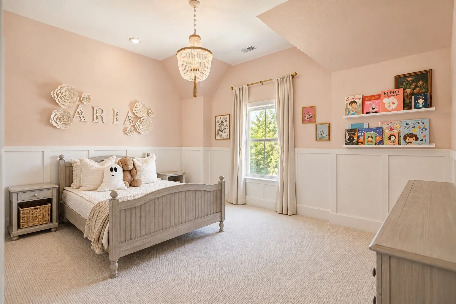 Carpeted flooring, board and batten wall detailing, recessed lighting, and a crystal chandelier