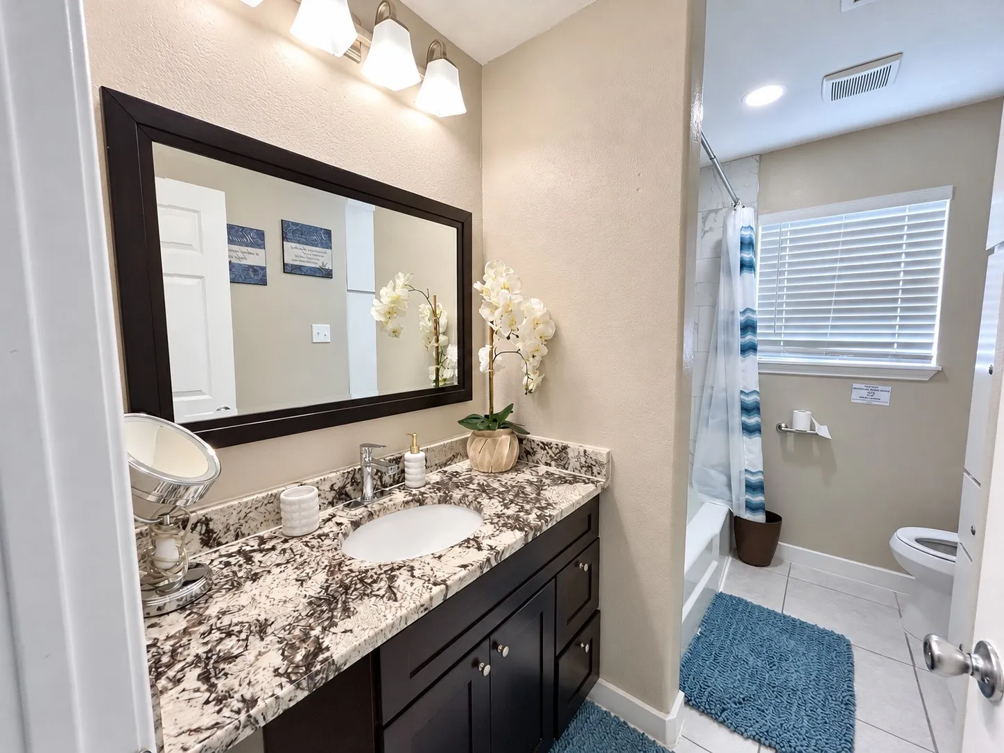 Dark wood vanity with a stone countertop, an undermount sink, and a framed mirror