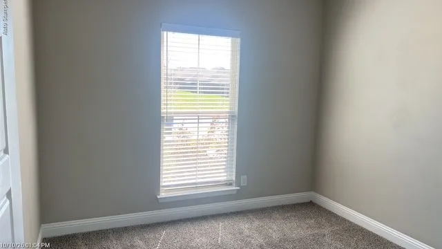Window with blinds, carpeted flooring, and neutral wall tones