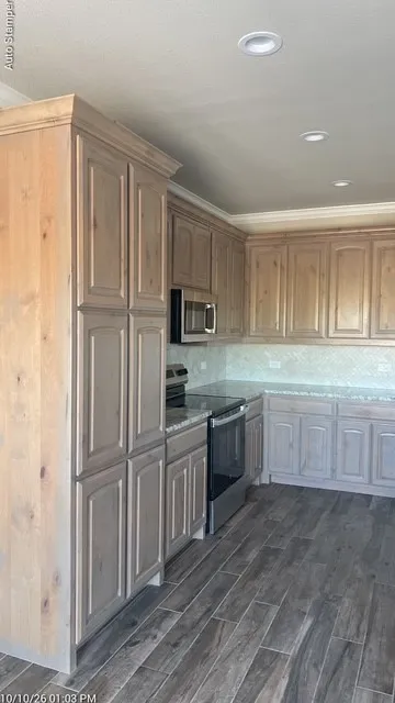 Kitchen featuring extensive cabinetry, stone-finish countertops, stainless steel appliances, and wood-look tile flooring