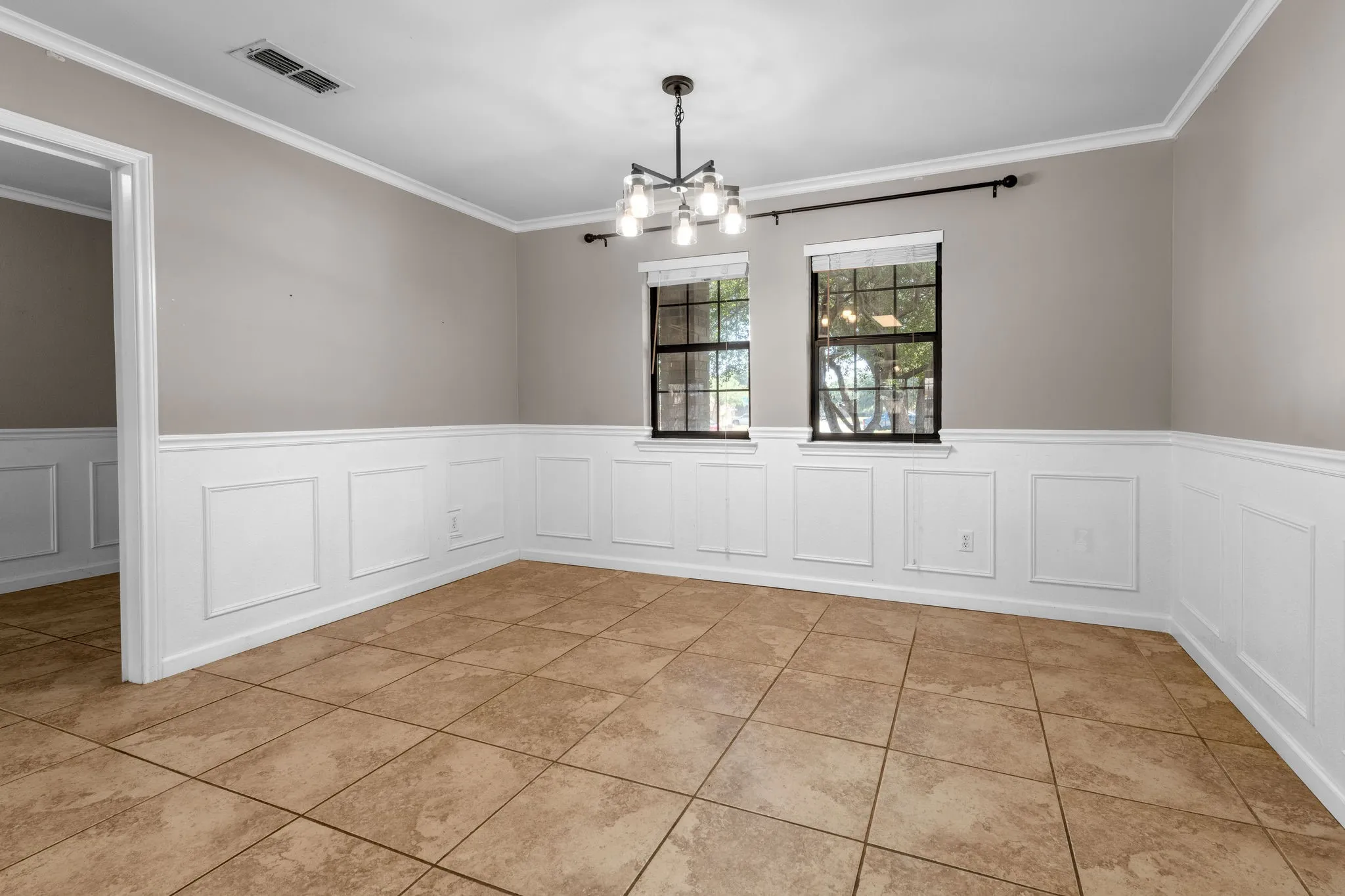 Large dining room flows into the open kitchen.