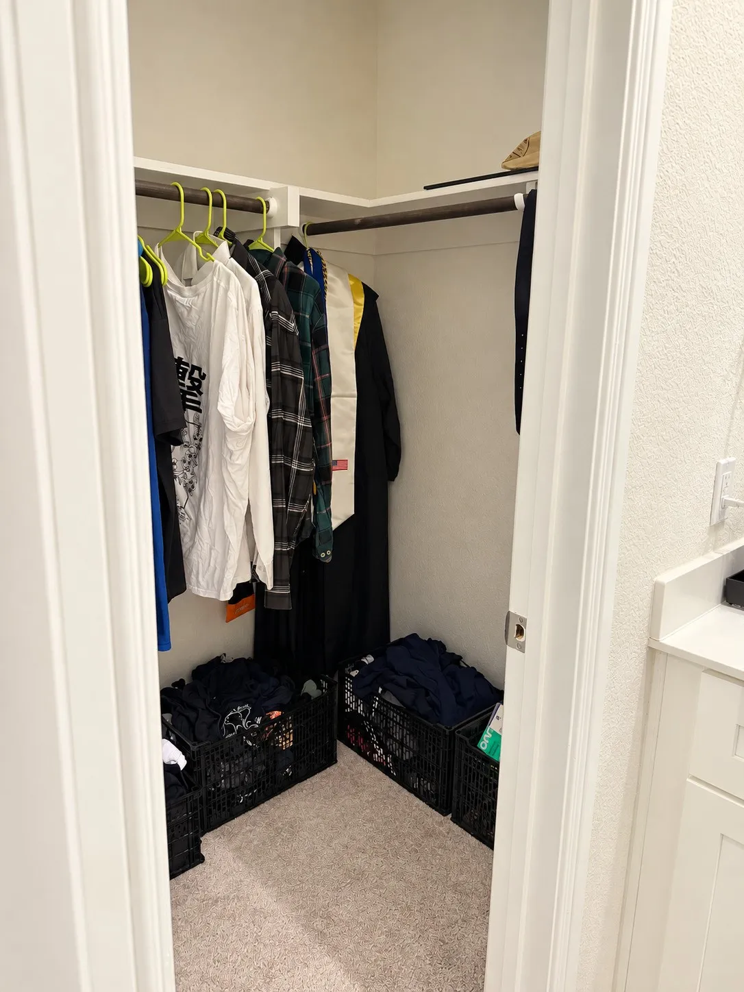 Carpeted closet with built-in shelving and hanging rods