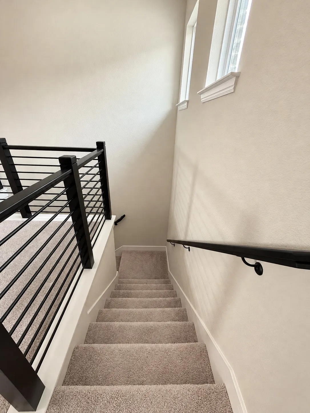 Carpeted staircase with contemporary metal balusters and a contrasting handrail