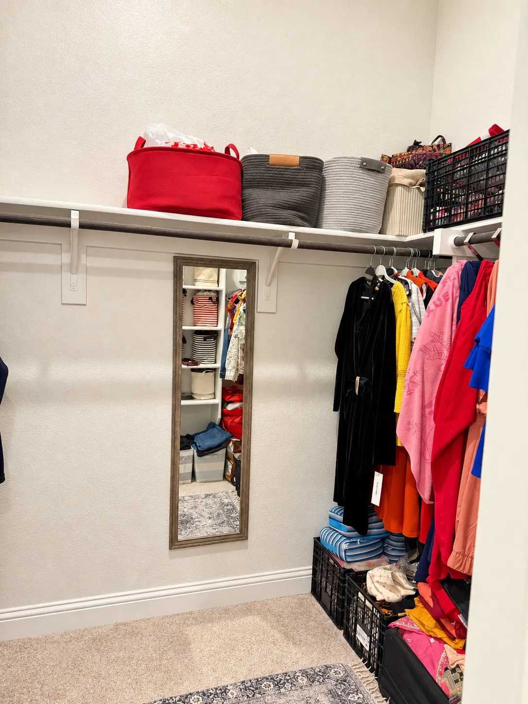 Built-in shelving with hanging rods and neutral carpet flooring