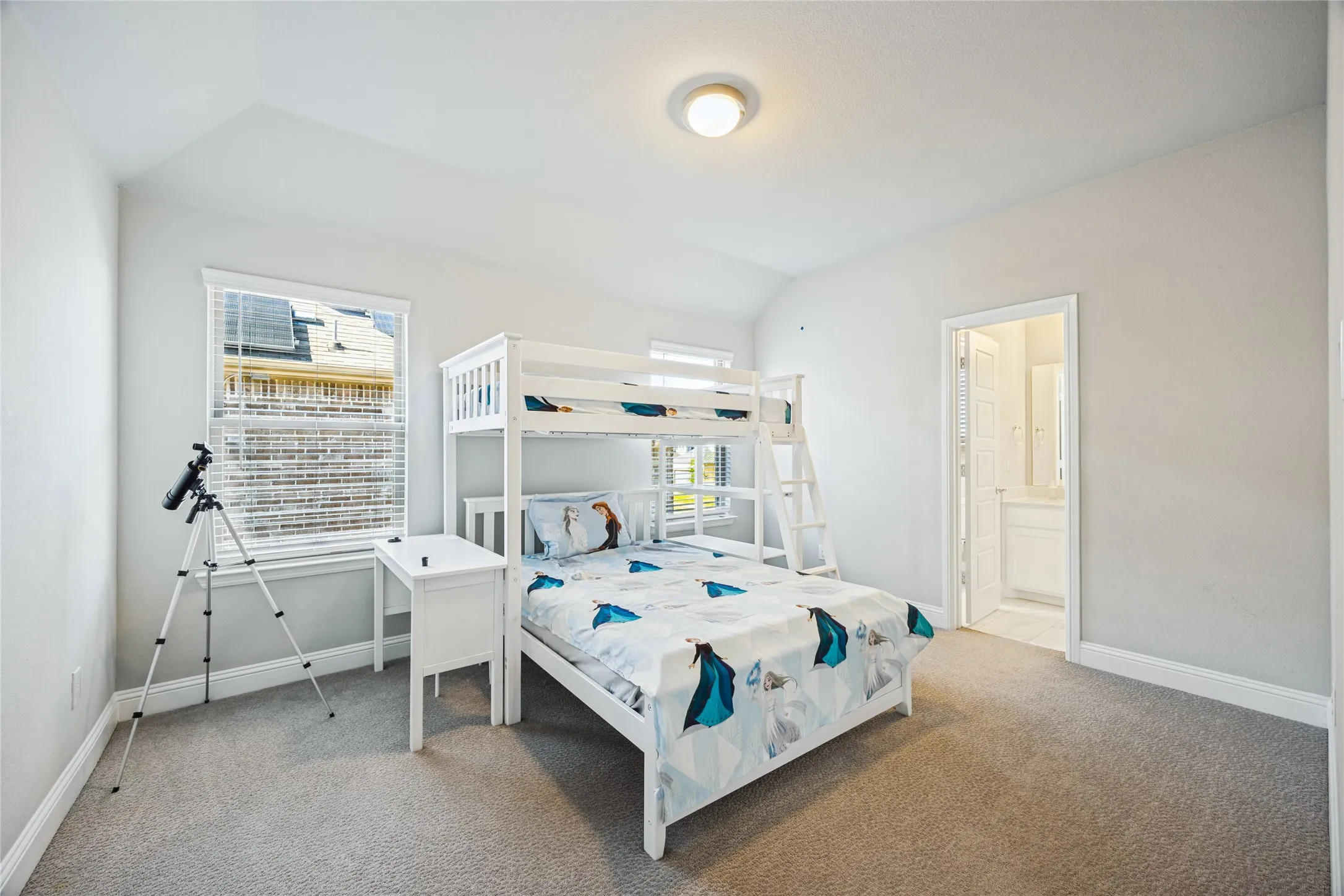 Soft grey wall color, vaulted ceiling, neutral tone carpet, recessed lighting, and a white interior door